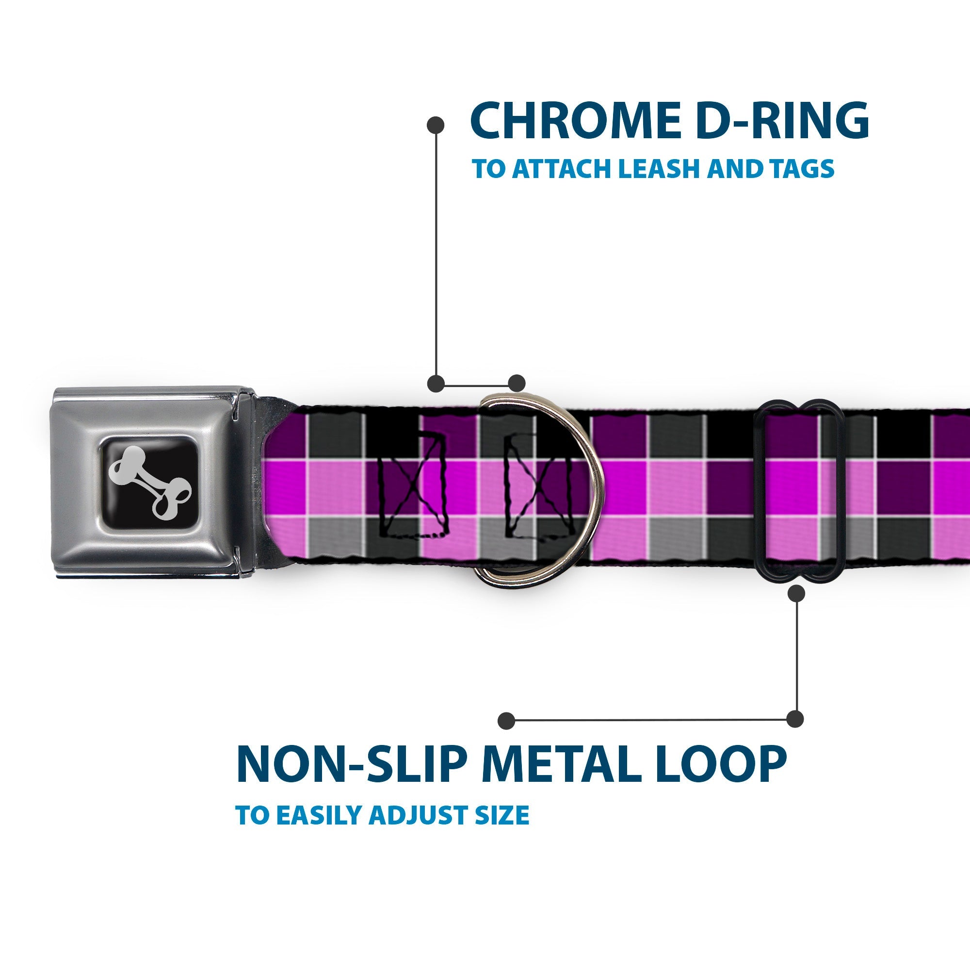 Dog Bone Seatbelt Buckle Collar - Checker Mosaic Purple