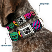 Dog Bone Seatbelt Buckle Collar - Checker & Stripe Skulls Black/Multi Neon