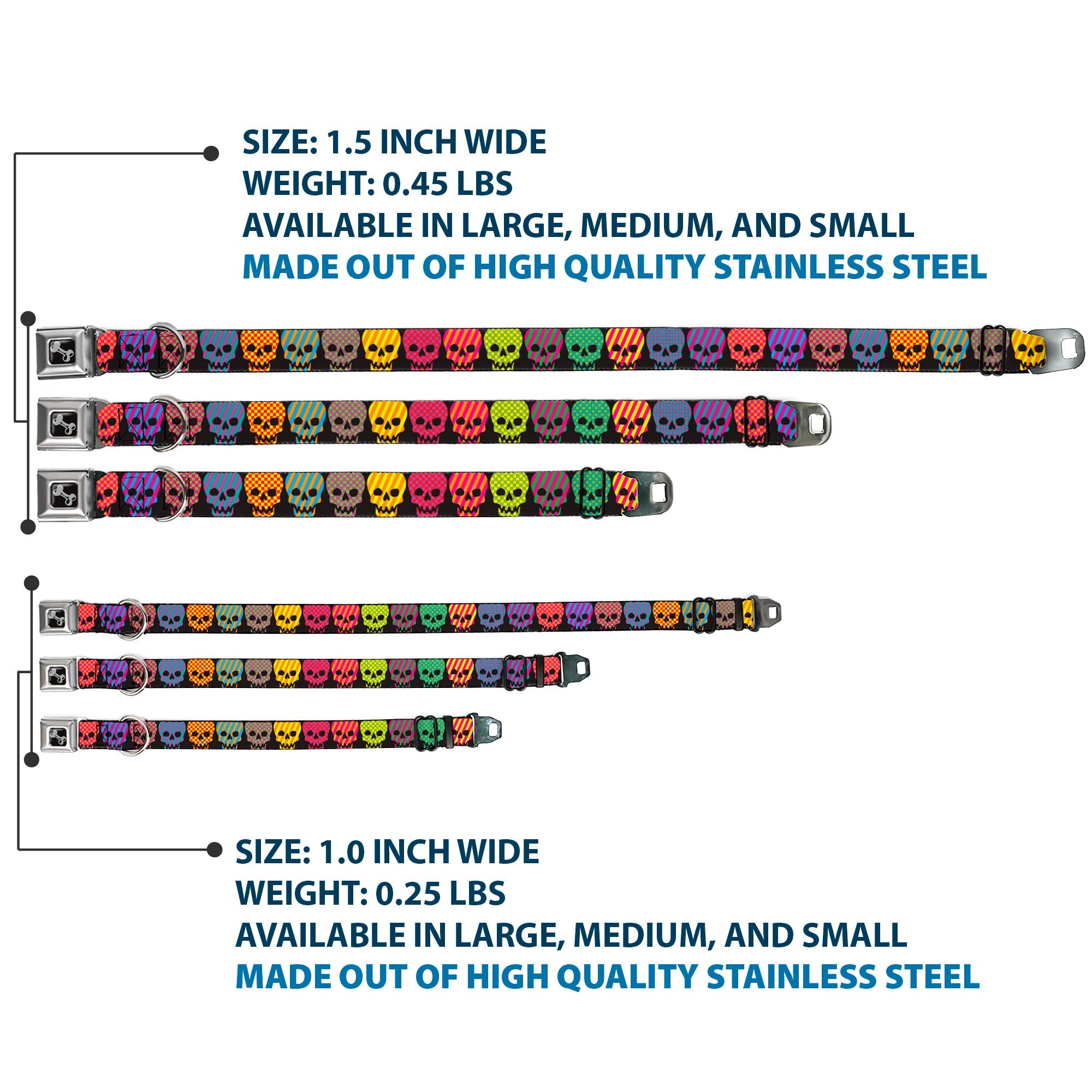 Dog Bone Seatbelt Buckle Collar - Checker & Stripe Skulls Black/Multi Neon