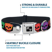 Dog Bone Seatbelt Buckle Collar - Checker & Stripe Skulls Black/Multi Neon