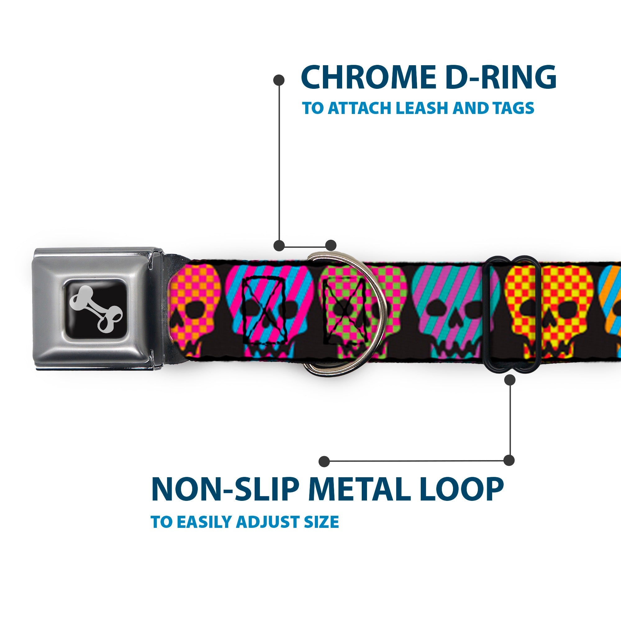 Dog Bone Seatbelt Buckle Collar - Checker & Stripe Skulls Black/Multi Neon