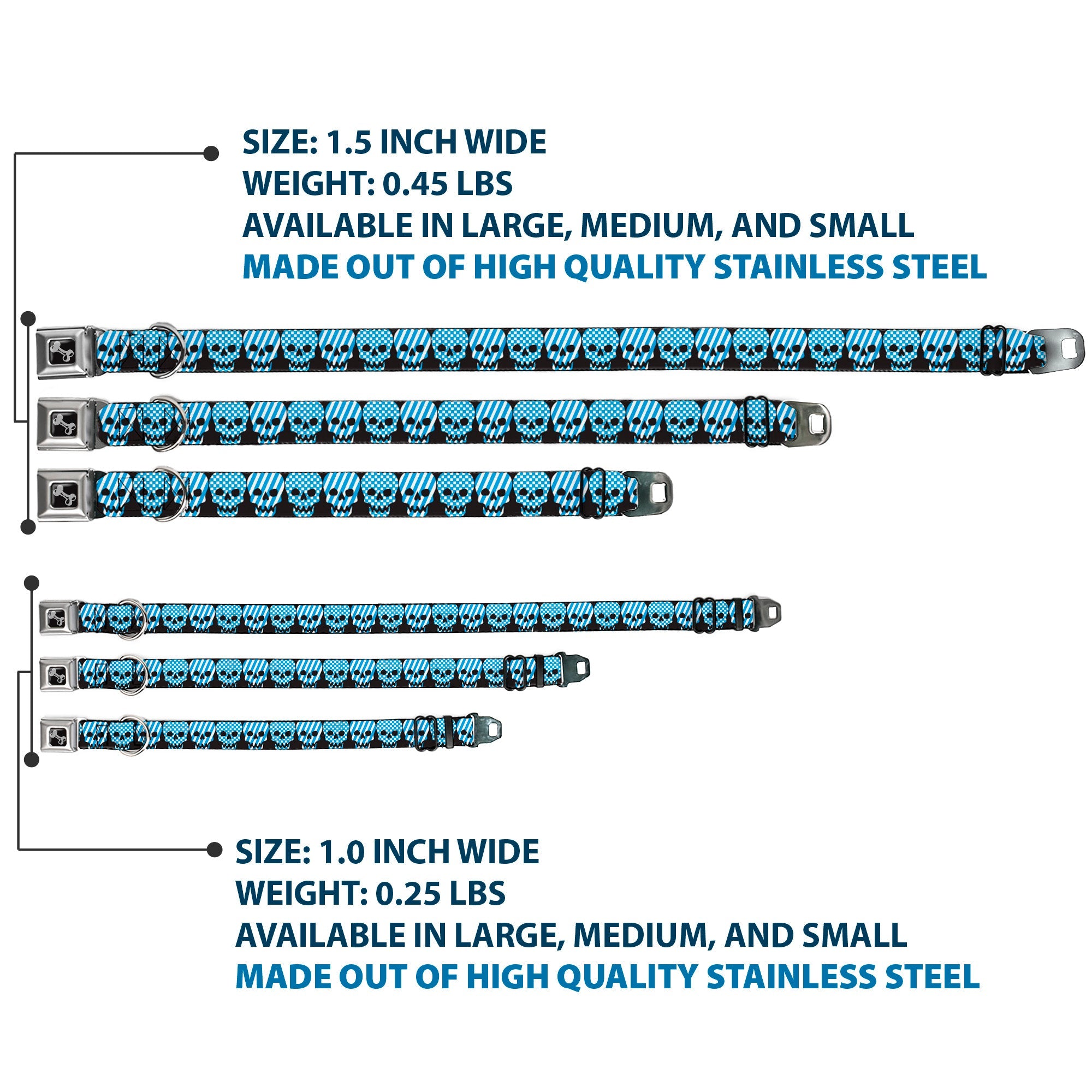 Dog Bone Seatbelt Buckle Collar - Checker & Stripe Skulls Black/White/Baby Blue