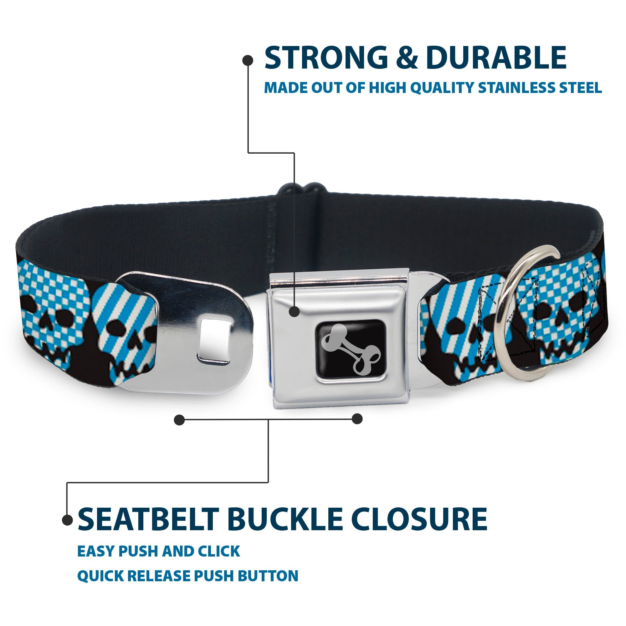 Dog Bone Seatbelt Buckle Collar - Checker & Stripe Skulls Black/White/Baby Blue