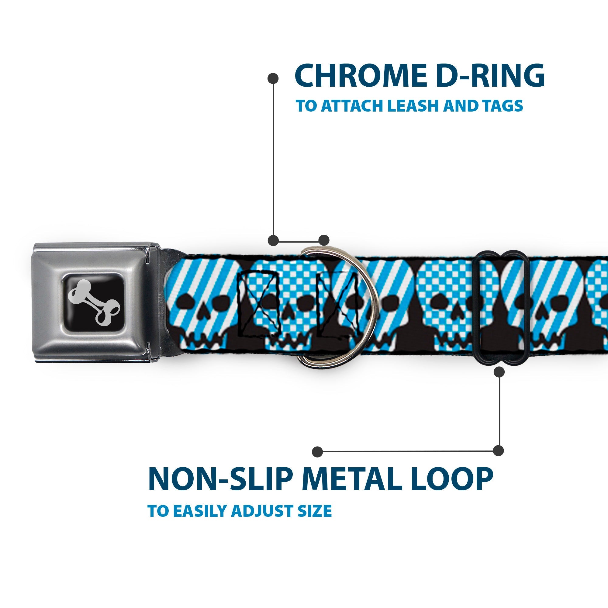 Dog Bone Seatbelt Buckle Collar - Checker & Stripe Skulls Black/White/Baby Blue