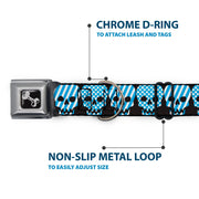 Dog Bone Seatbelt Buckle Collar - Checker & Stripe Skulls Black/White/Baby Blue