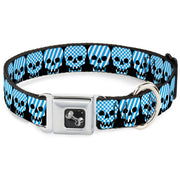 Dog Bone Seatbelt Buckle Collar - Checker & Stripe Skulls Black/White/Baby Blue