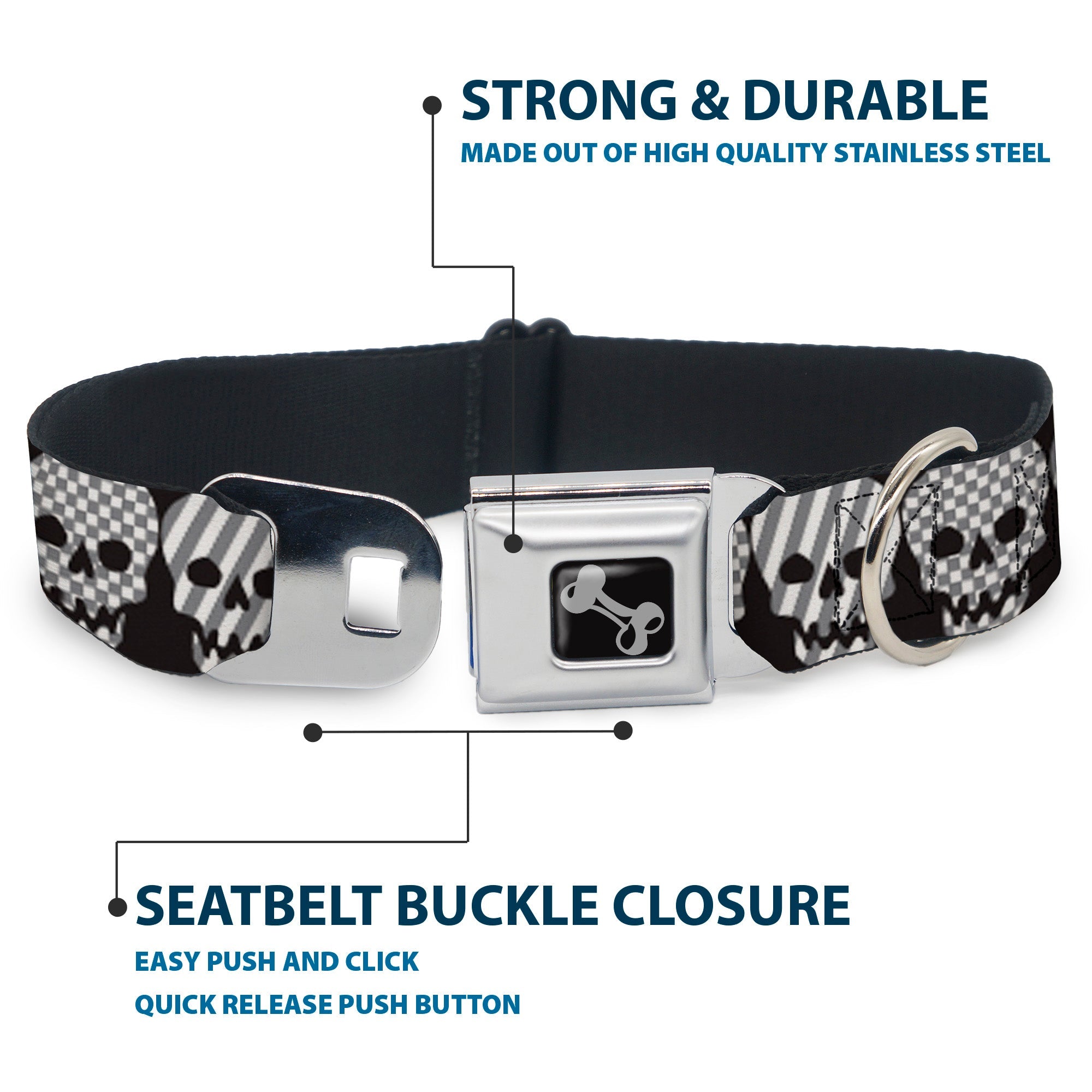Dog Bone Seatbelt Buckle Collar - Checker & Stripe Skulls Black/White/Gray