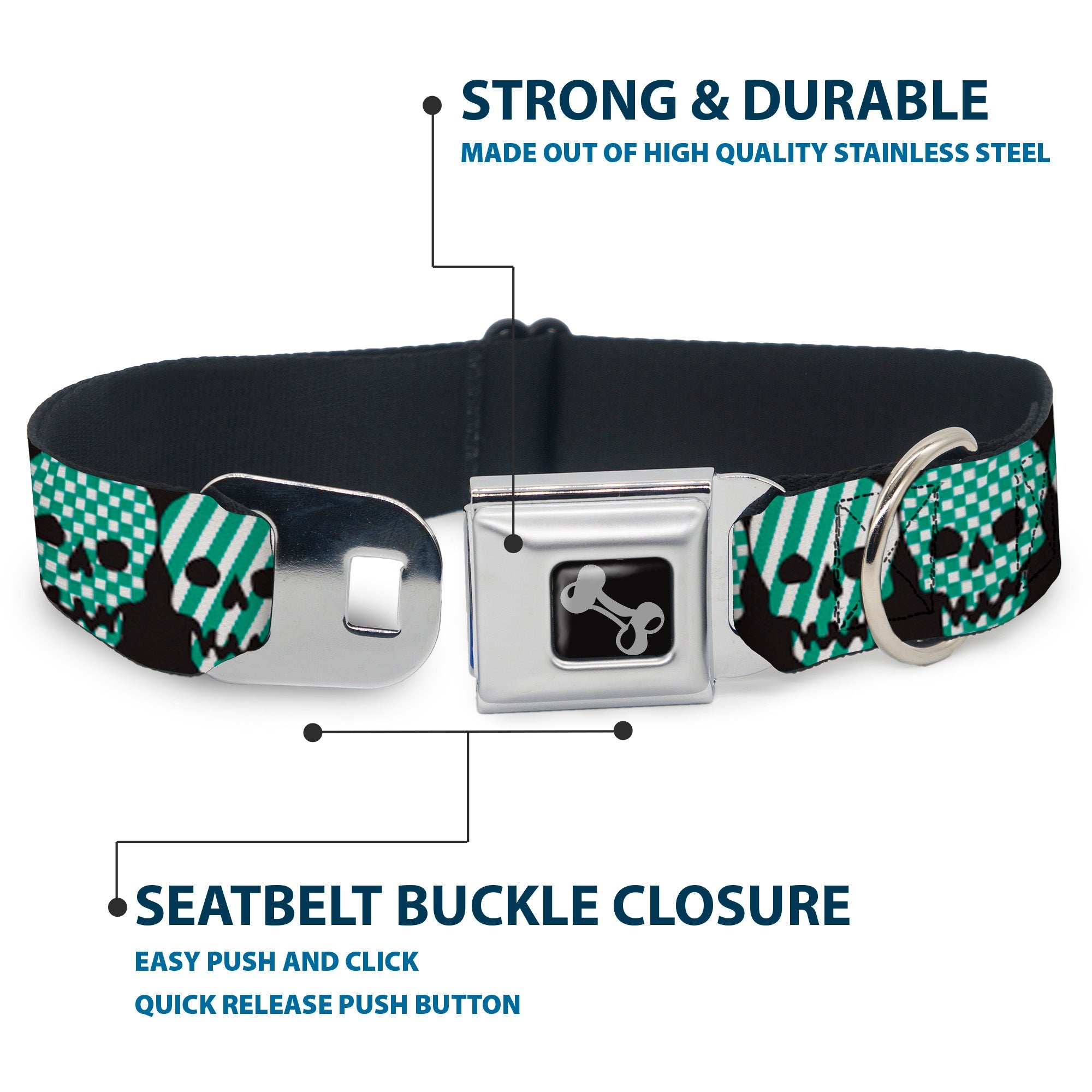 Dog Bone Seatbelt Buckle Collar - Checker & Stripe Skulls Black/White/Green