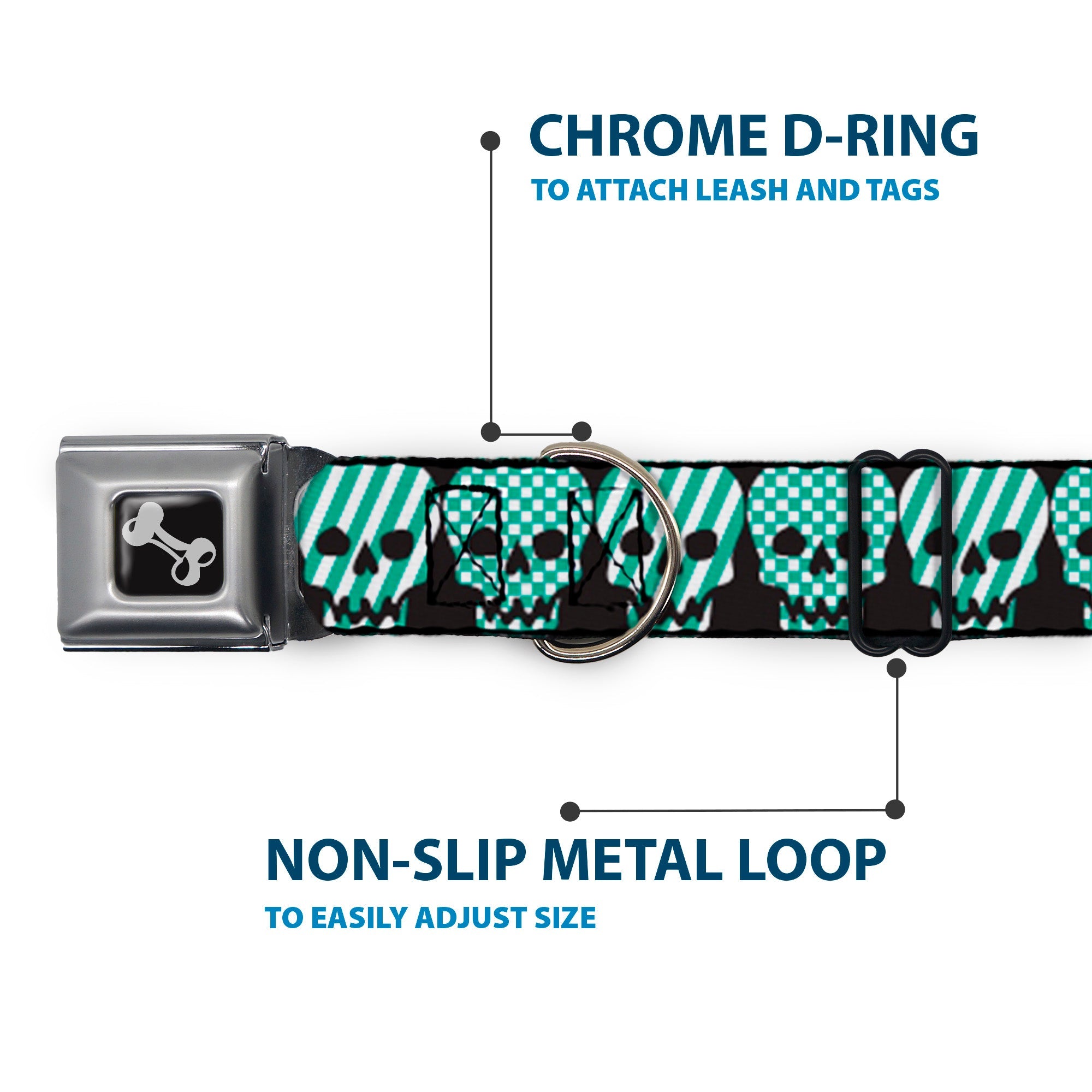 Dog Bone Seatbelt Buckle Collar - Checker & Stripe Skulls Black/White/Green