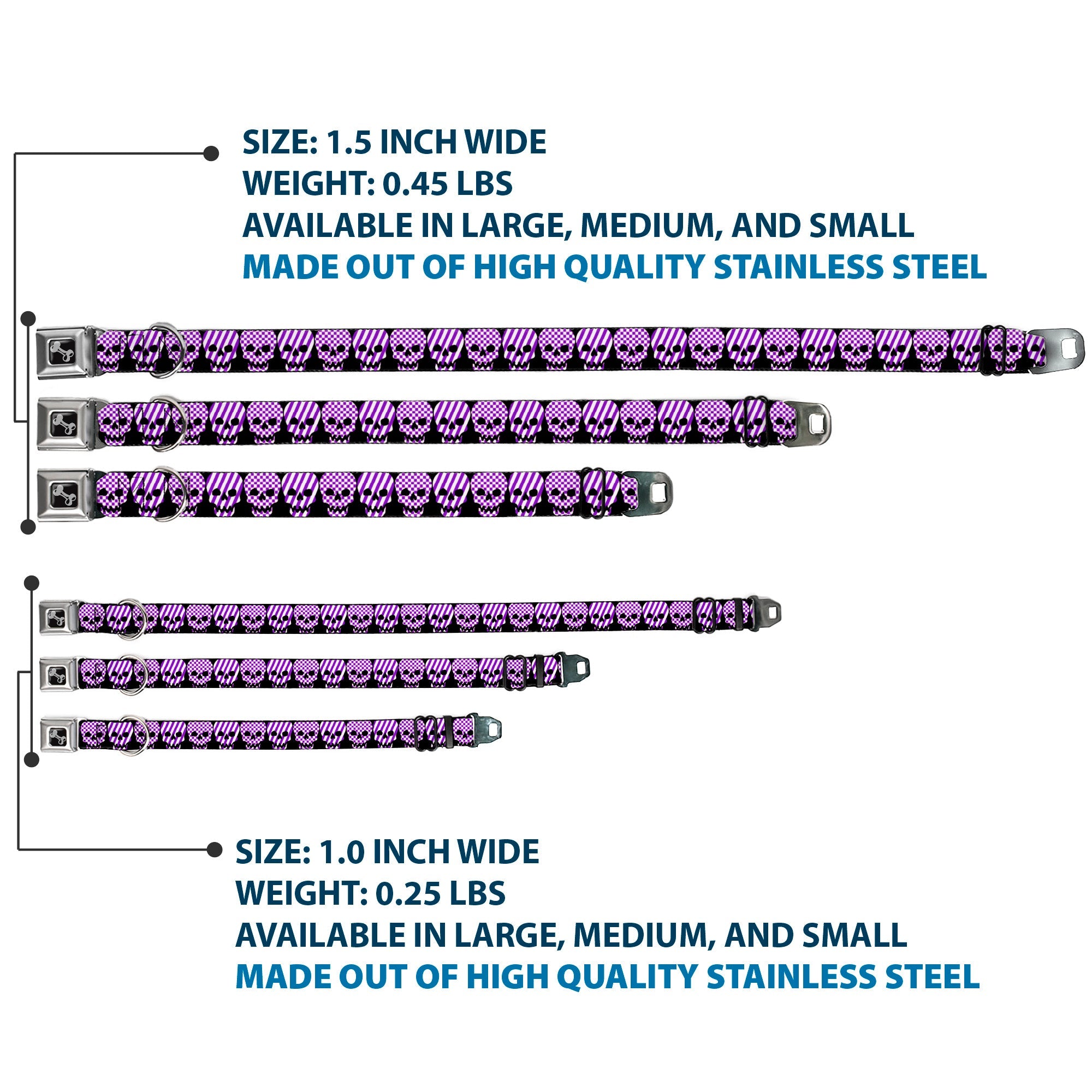 Dog Bone Seatbelt Buckle Collar - Checker & Stripe Skulls Black/White/Purple