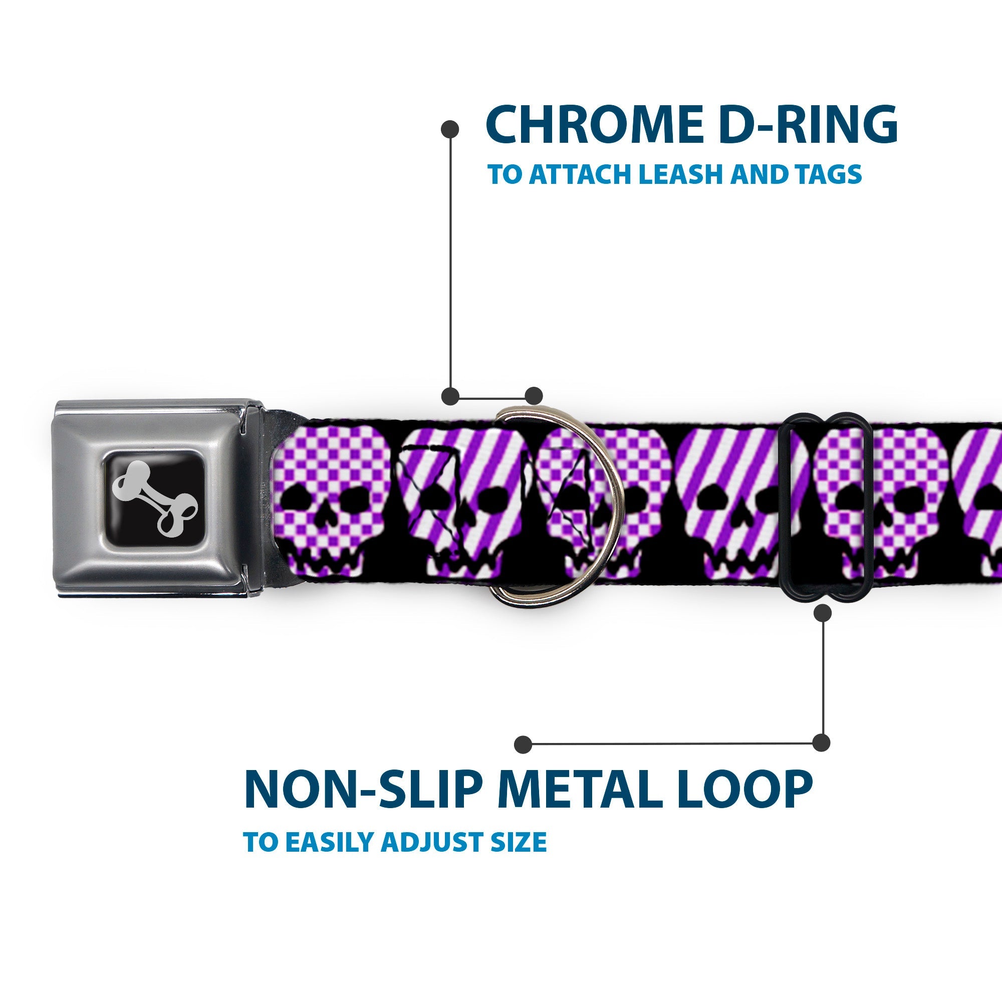 Dog Bone Seatbelt Buckle Collar - Checker & Stripe Skulls Black/White/Purple