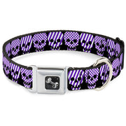 Dog Bone Seatbelt Buckle Collar - Checker & Stripe Skulls Black/White/Purple