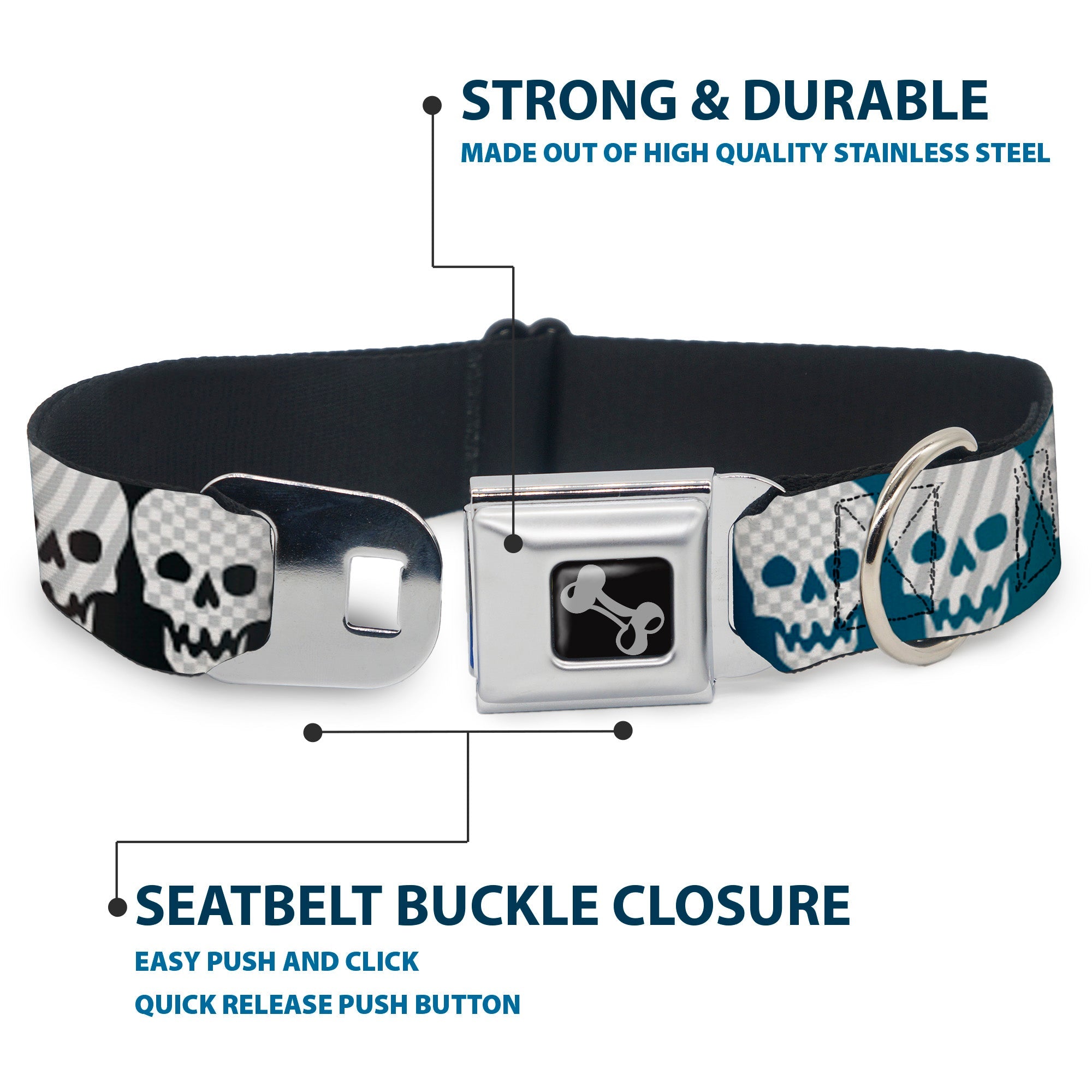 Dog Bone Seatbelt Buckle Collar - Checker & Stripe Skulls Gradient Blue/Fuchsia
