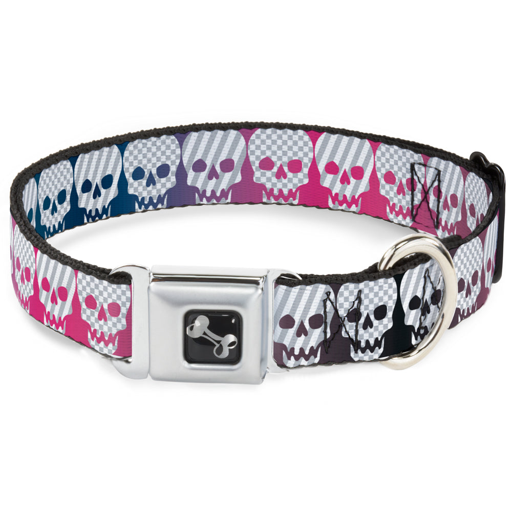 Dog Bone Seatbelt Buckle Collar - Checker & Stripe Skulls Gradient Blue/Fuchsia