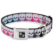 Dog Bone Seatbelt Buckle Collar - Checker & Stripe Skulls Gradient Blue/Fuchsia