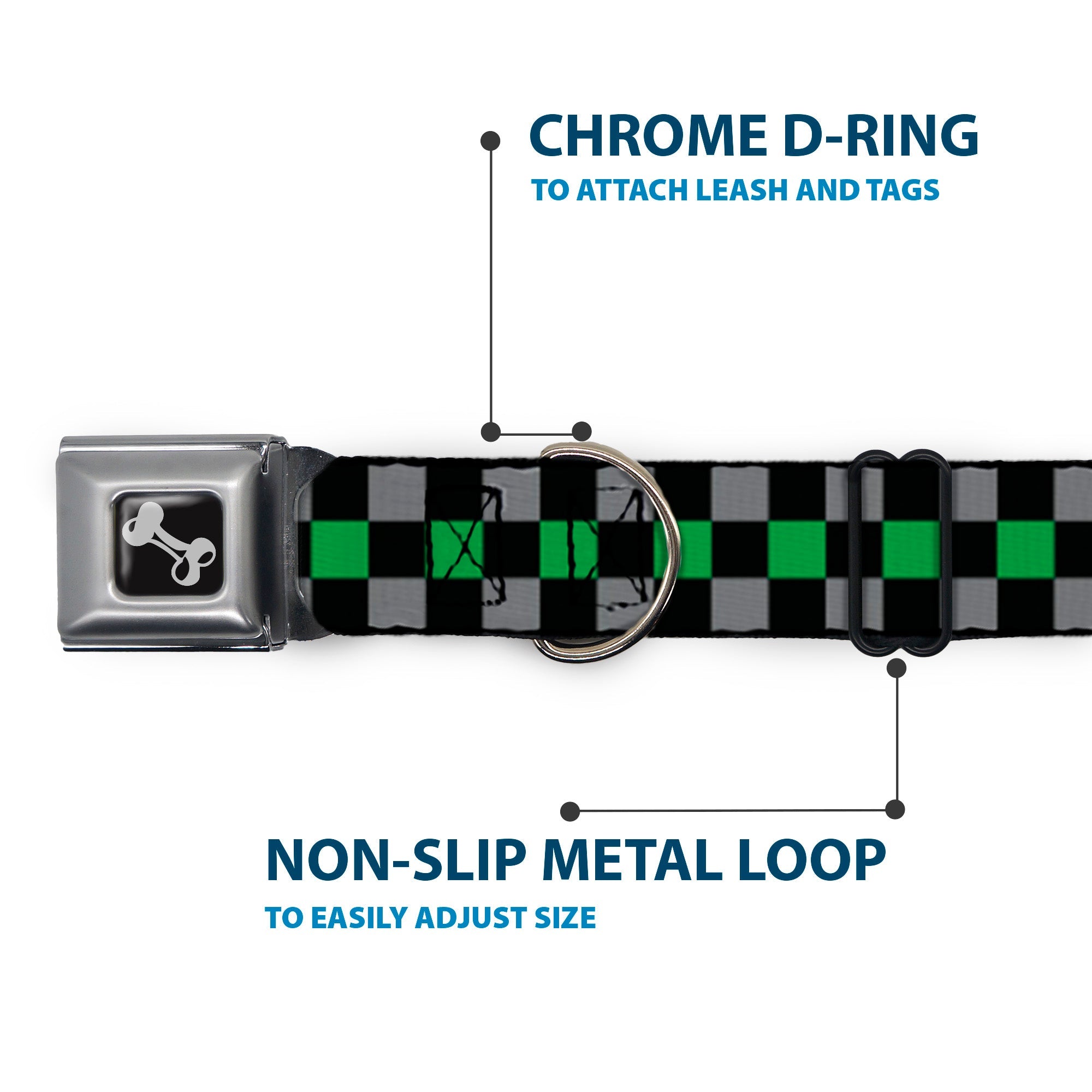 Dog Bone Seatbelt Buckle Collar - Checker Black/Gray/1 Green