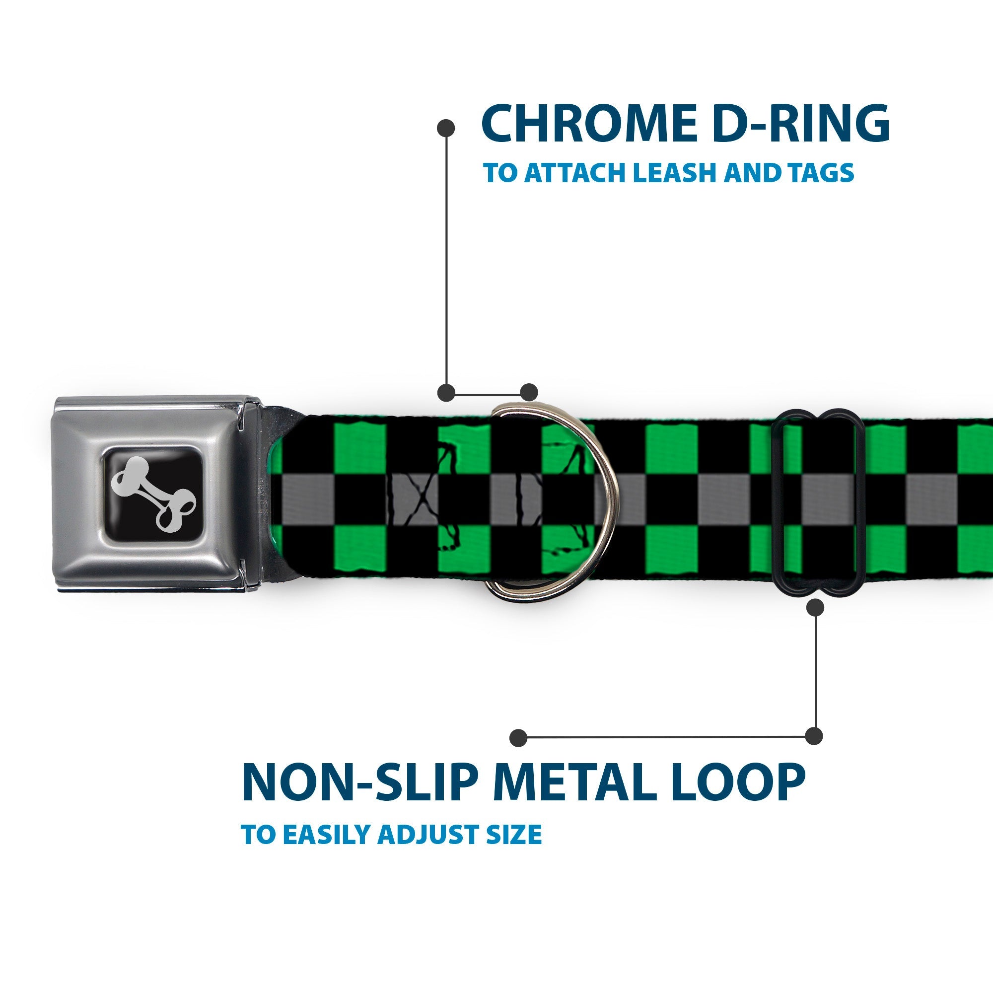 Dog Bone Seatbelt Buckle Collar - Checker Black/Gray/2 Green