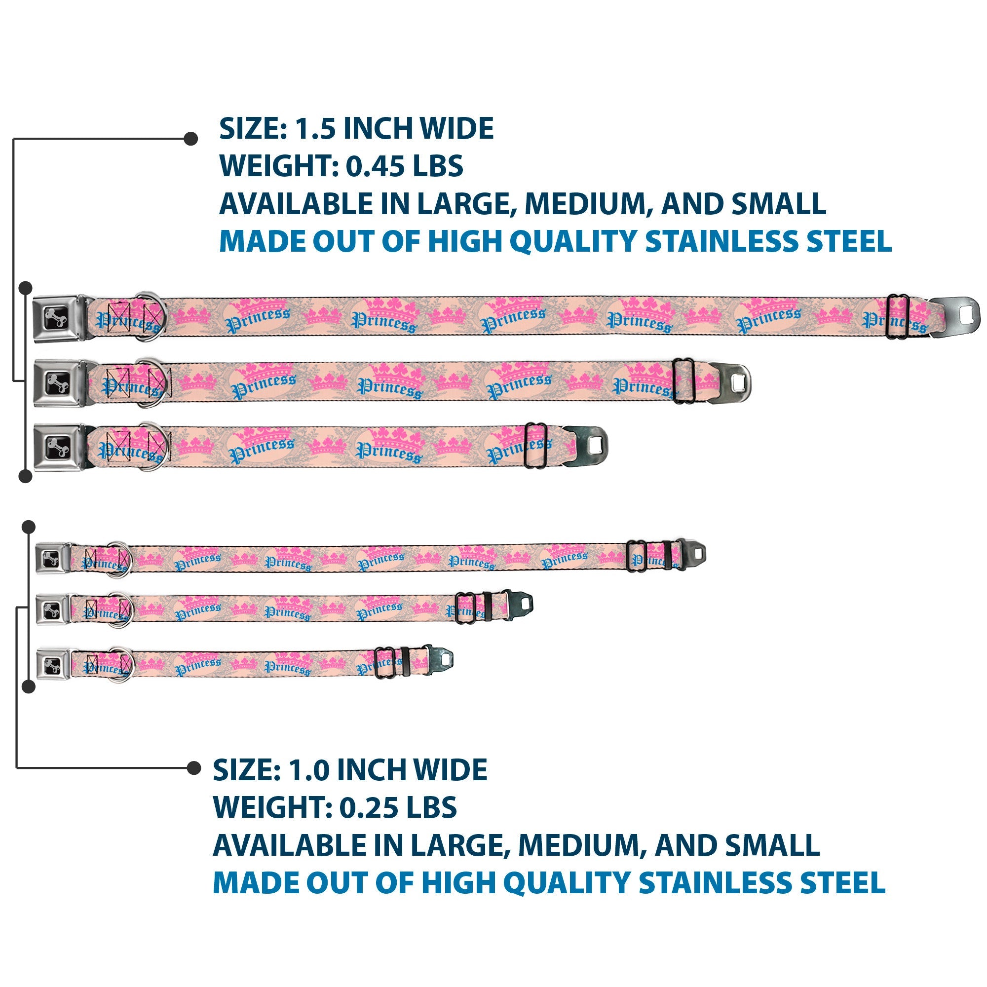 Dog Bone Seatbelt Buckle Collar - Crown Princess Oval Baby Pink/Baby Blue
