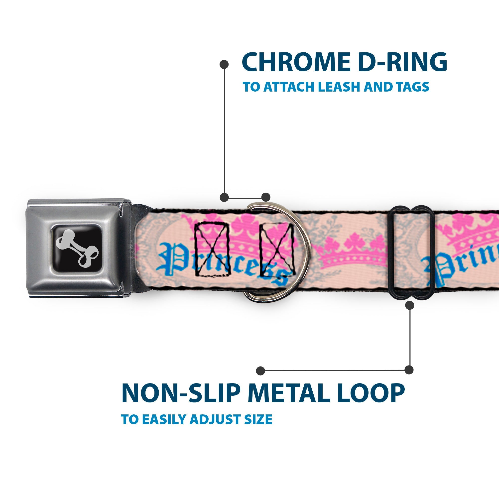 Dog Bone Seatbelt Buckle Collar - Crown Princess Oval Baby Pink/Baby Blue