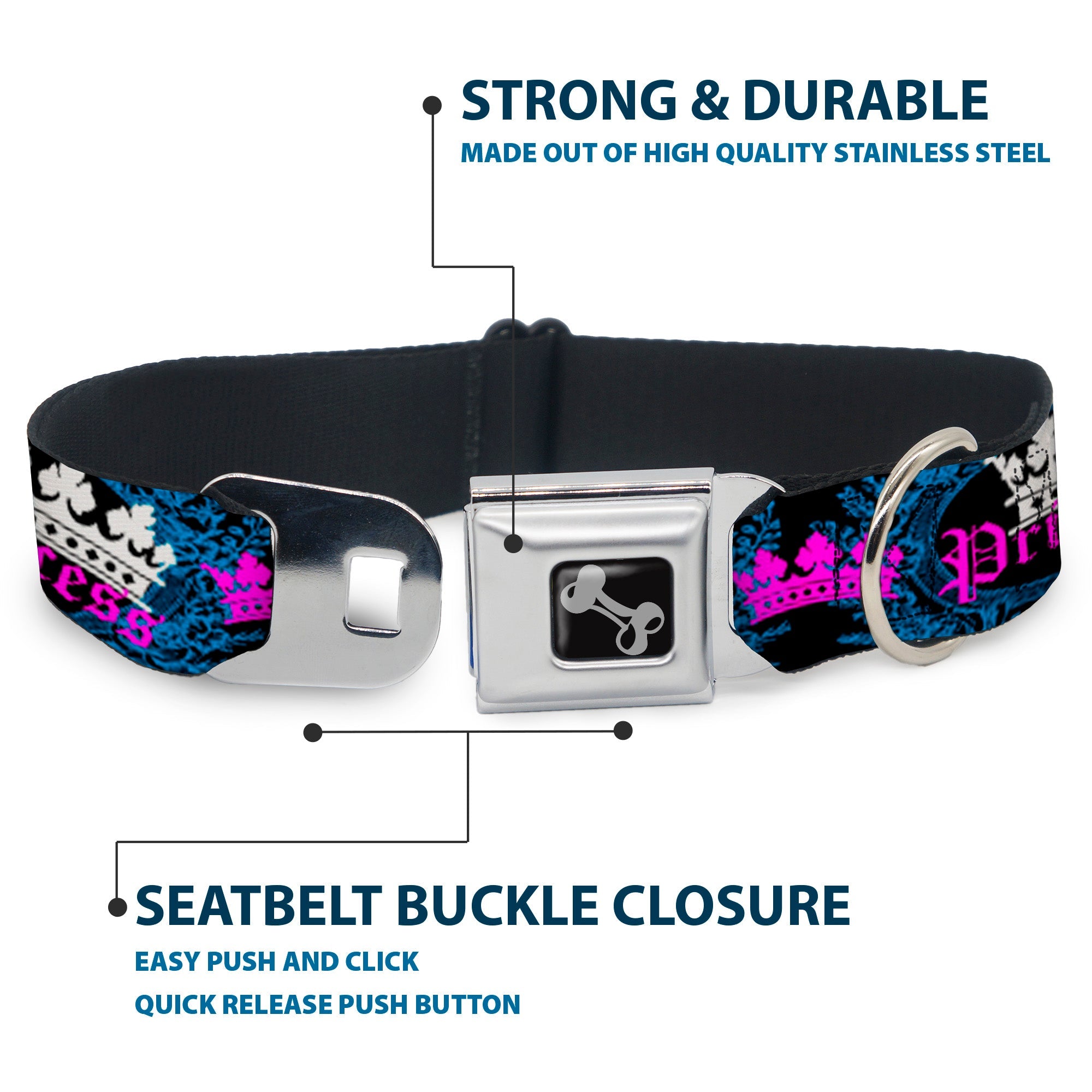 Dog Bone Seatbelt Buckle Collar - Crown Princess Oval Black/Turquoise
