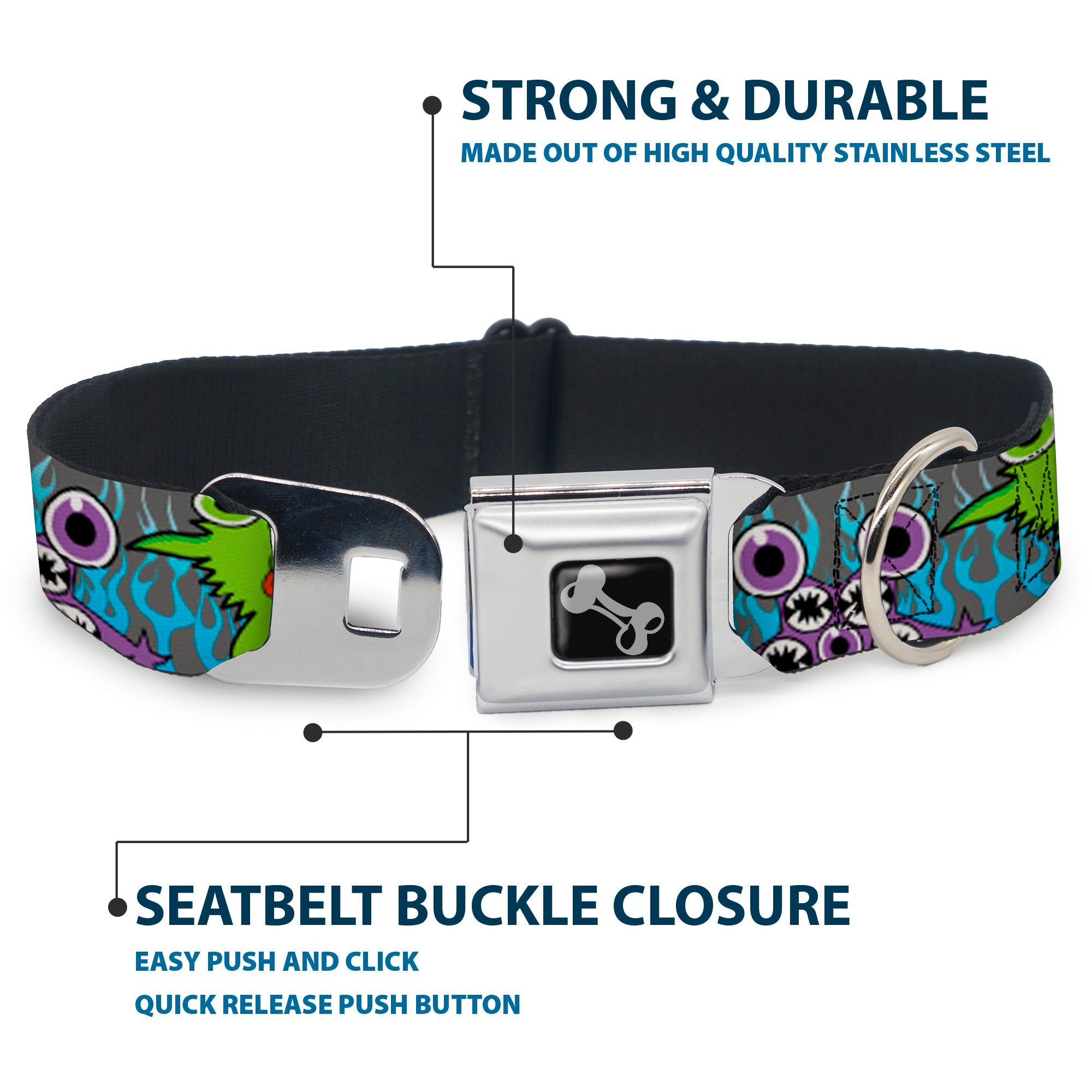 Dog Bone Seatbelt Buckle Collar - Cute Monsters Gray/Flame Blue
