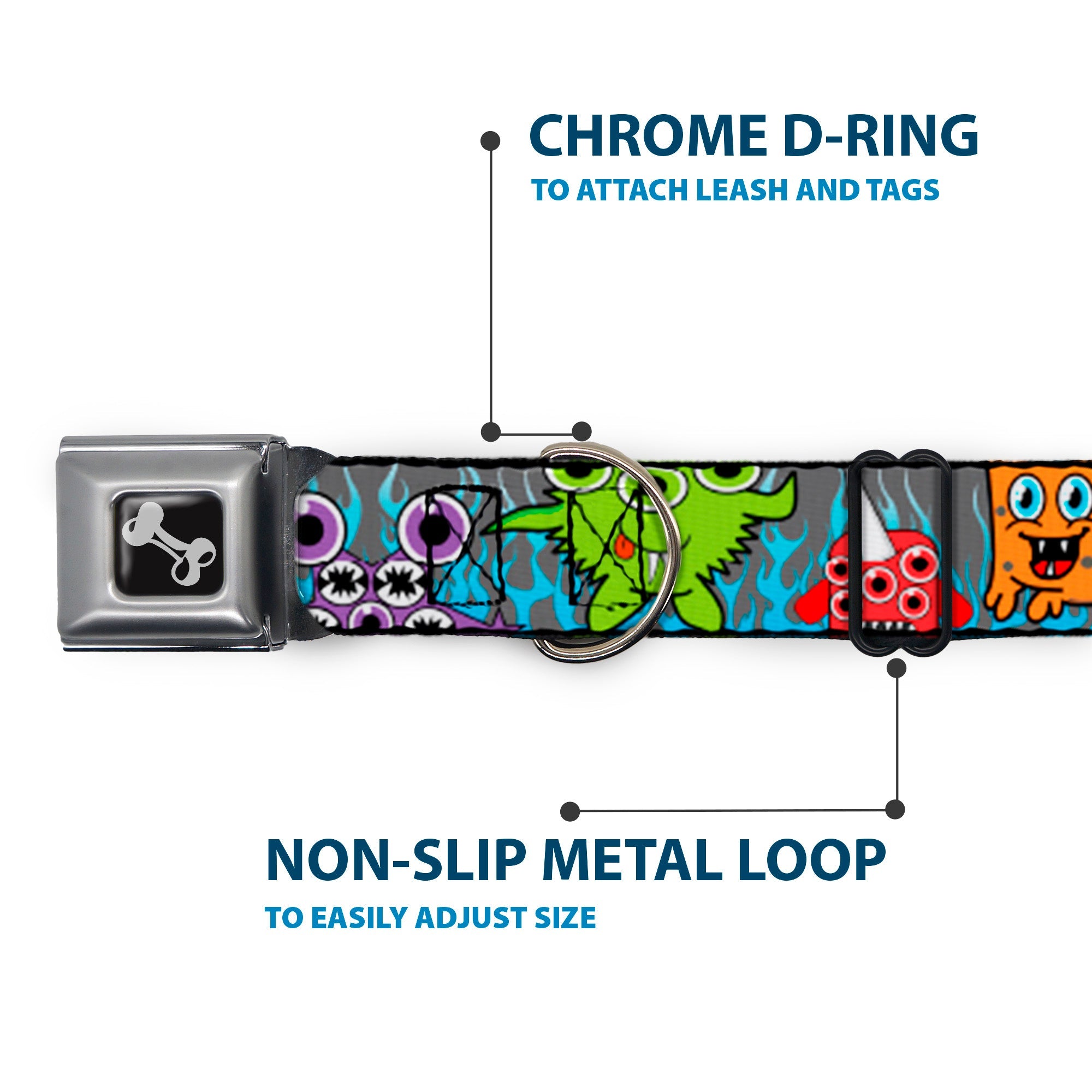 Dog Bone Seatbelt Buckle Collar - Cute Monsters Gray/Flame Blue