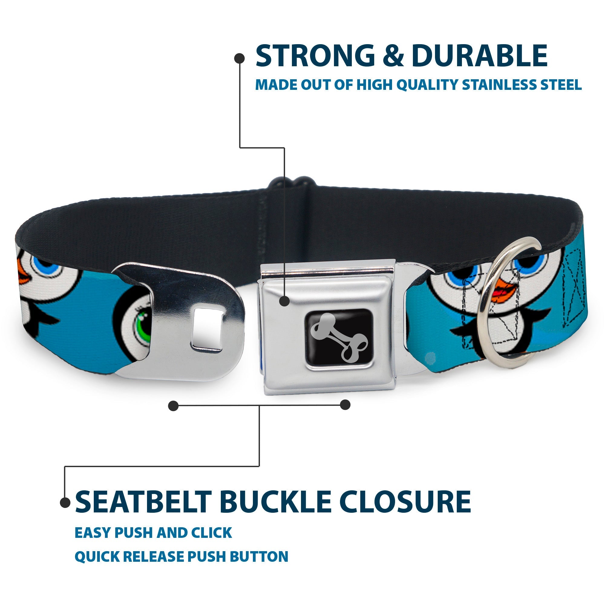 Dog Bone Seatbelt Buckle Collar - Cute Penguins Blue Bubbles