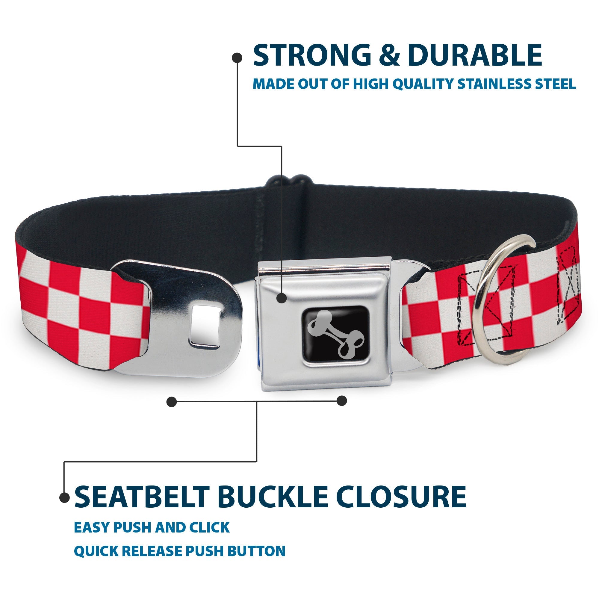 Dog Bone Seatbelt Buckle Collar - Checker Crimson/White