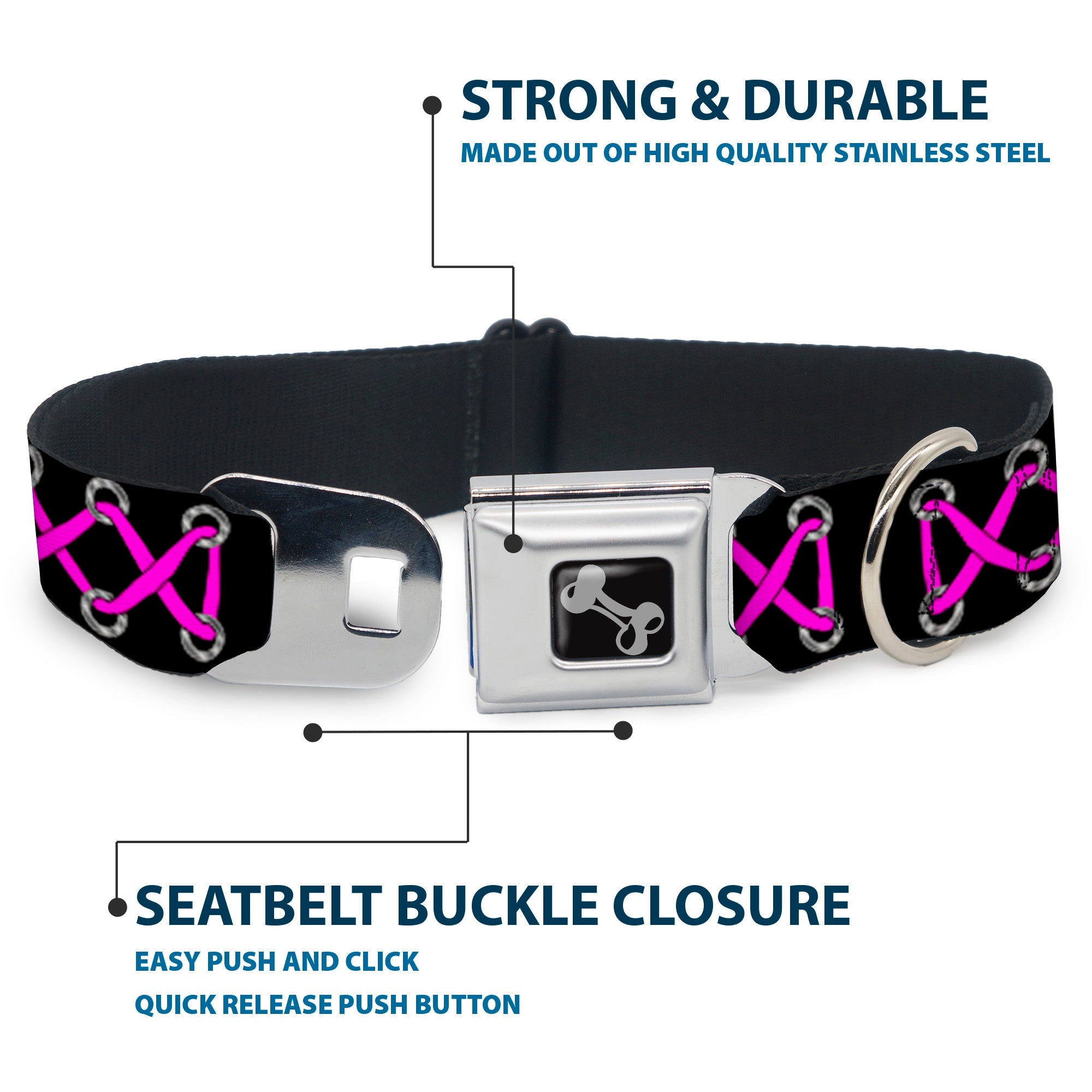 Dog Bone Seatbelt Buckle Collar - Corset Lace Up Black/Fuchsia