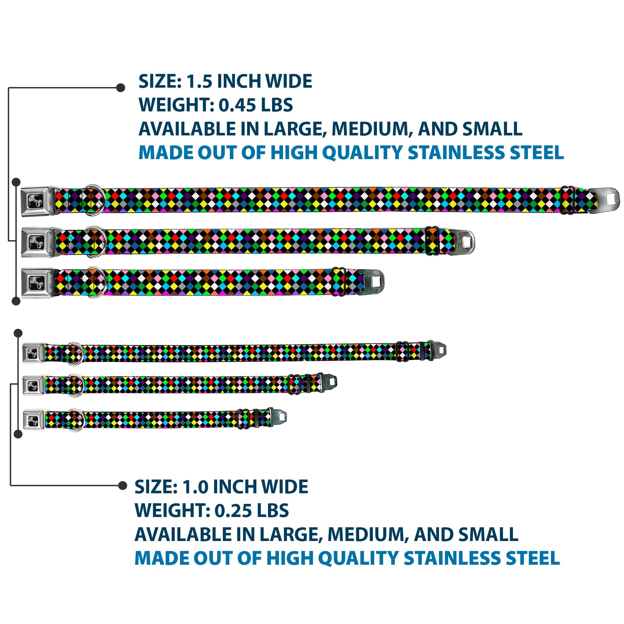 Dog Bone Seatbelt Buckle Collar - Diamonds Black/Multi Color