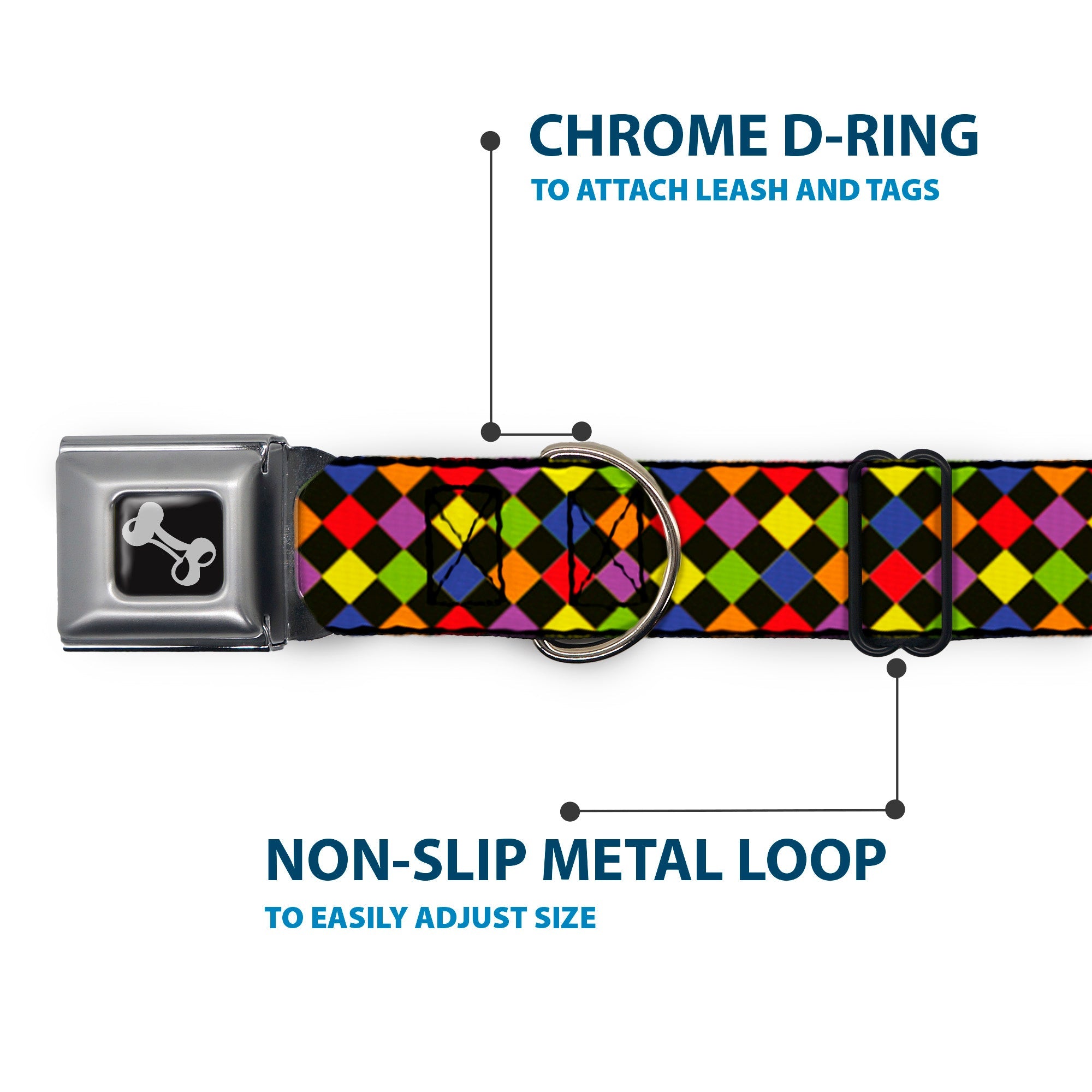 Dog Bone Seatbelt Buckle Collar - Diamonds Black/Multi Neon