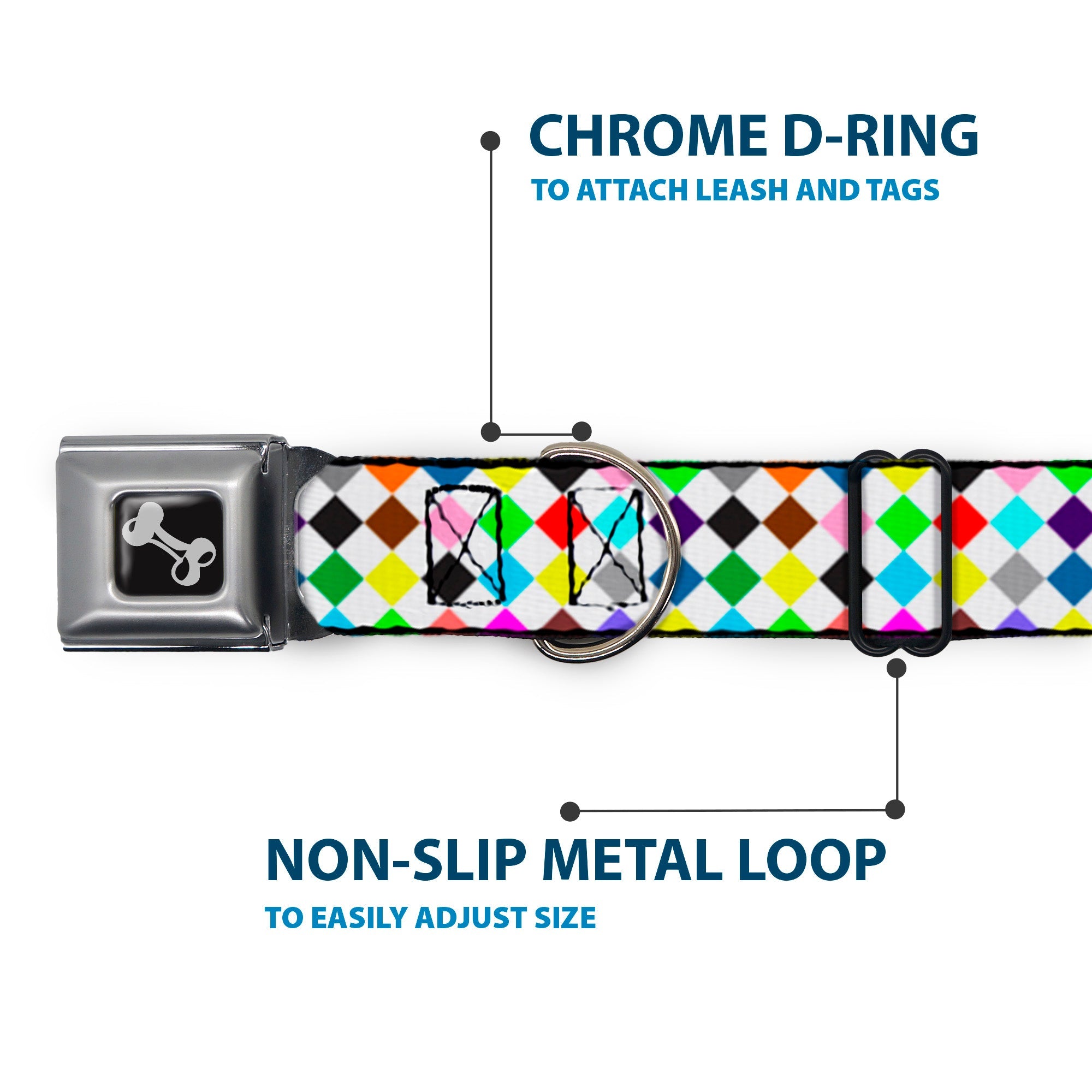 Dog Bone Seatbelt Buckle Collar - Diamonds White/Multi Color