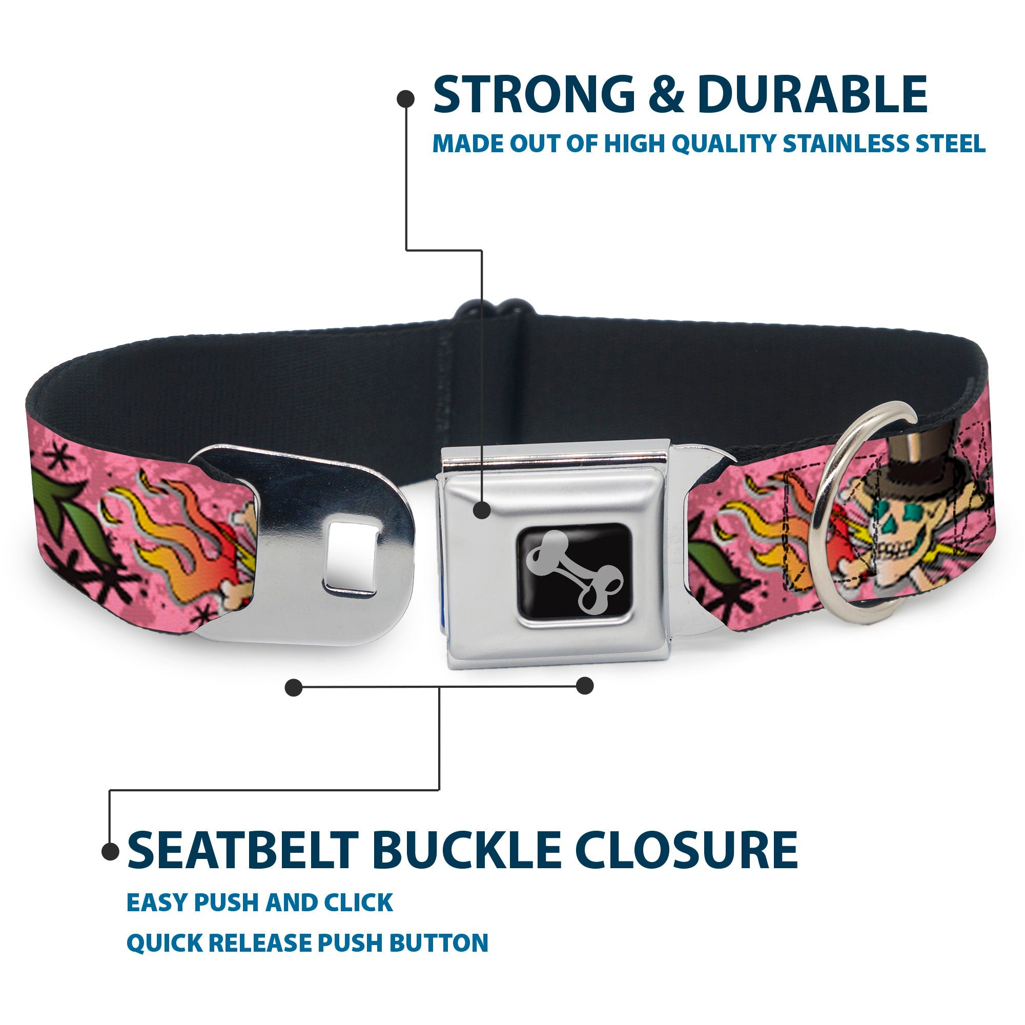 Dog Bone Seatbelt Buckle Collar - Death or Glory Pink