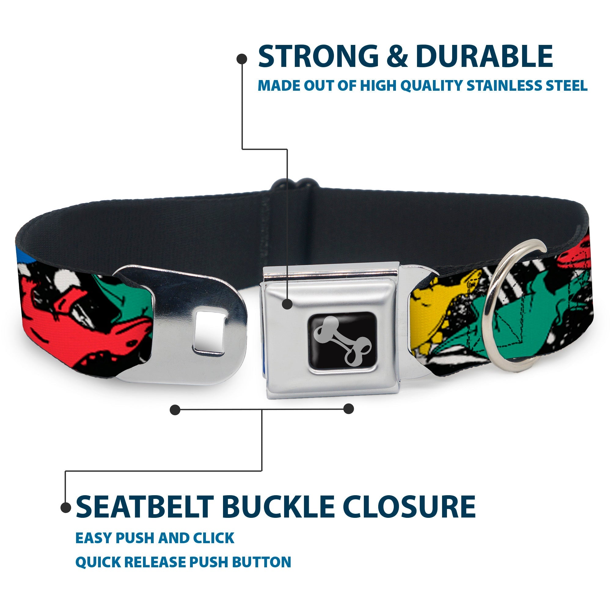 Dog Bone Seatbelt Buckle Collar - Dinosaurs/Paint Splatter Black/White/Multi Color