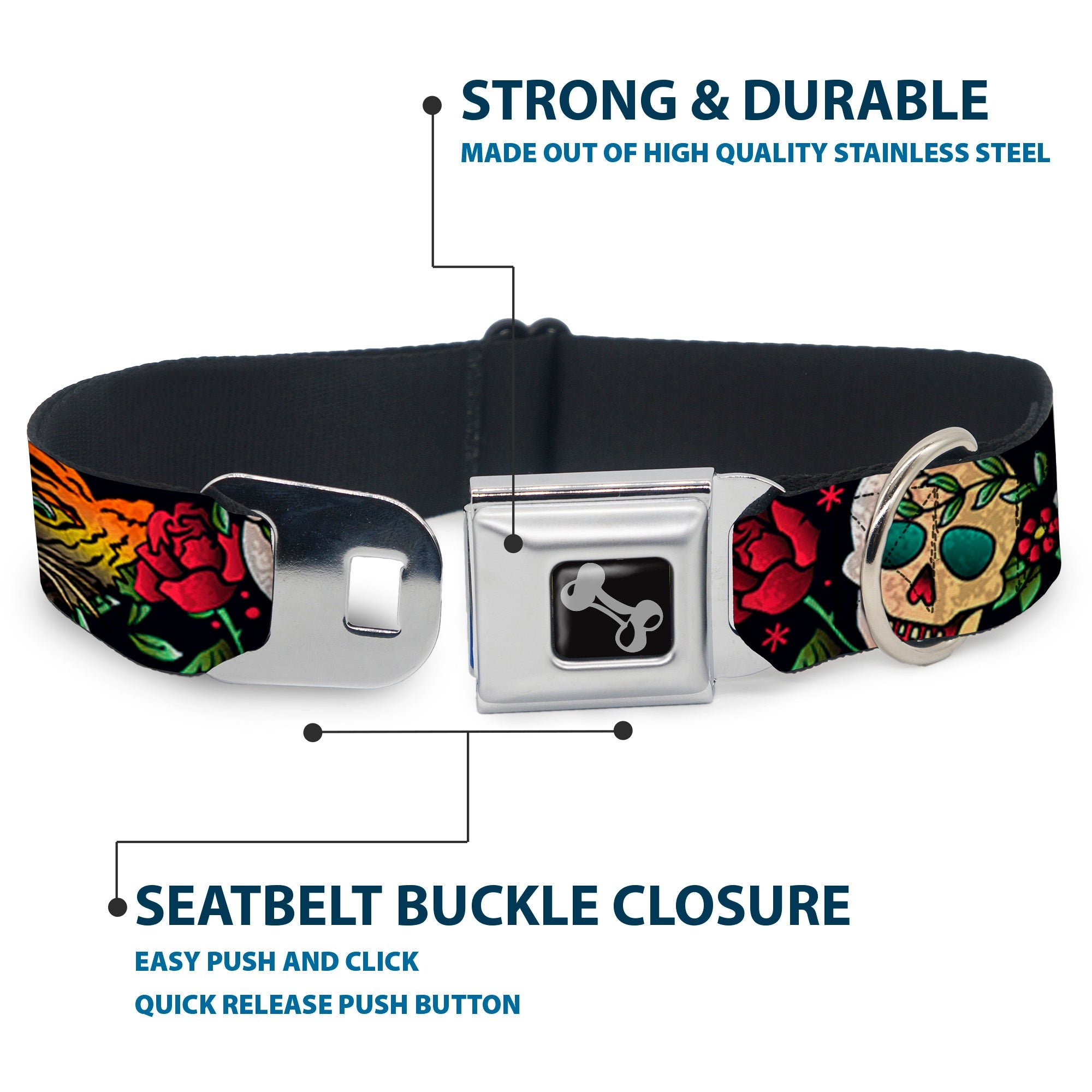 Dog Bone Seatbelt Buckle Collar - Death Before Dishonor CLOSE-UP Black