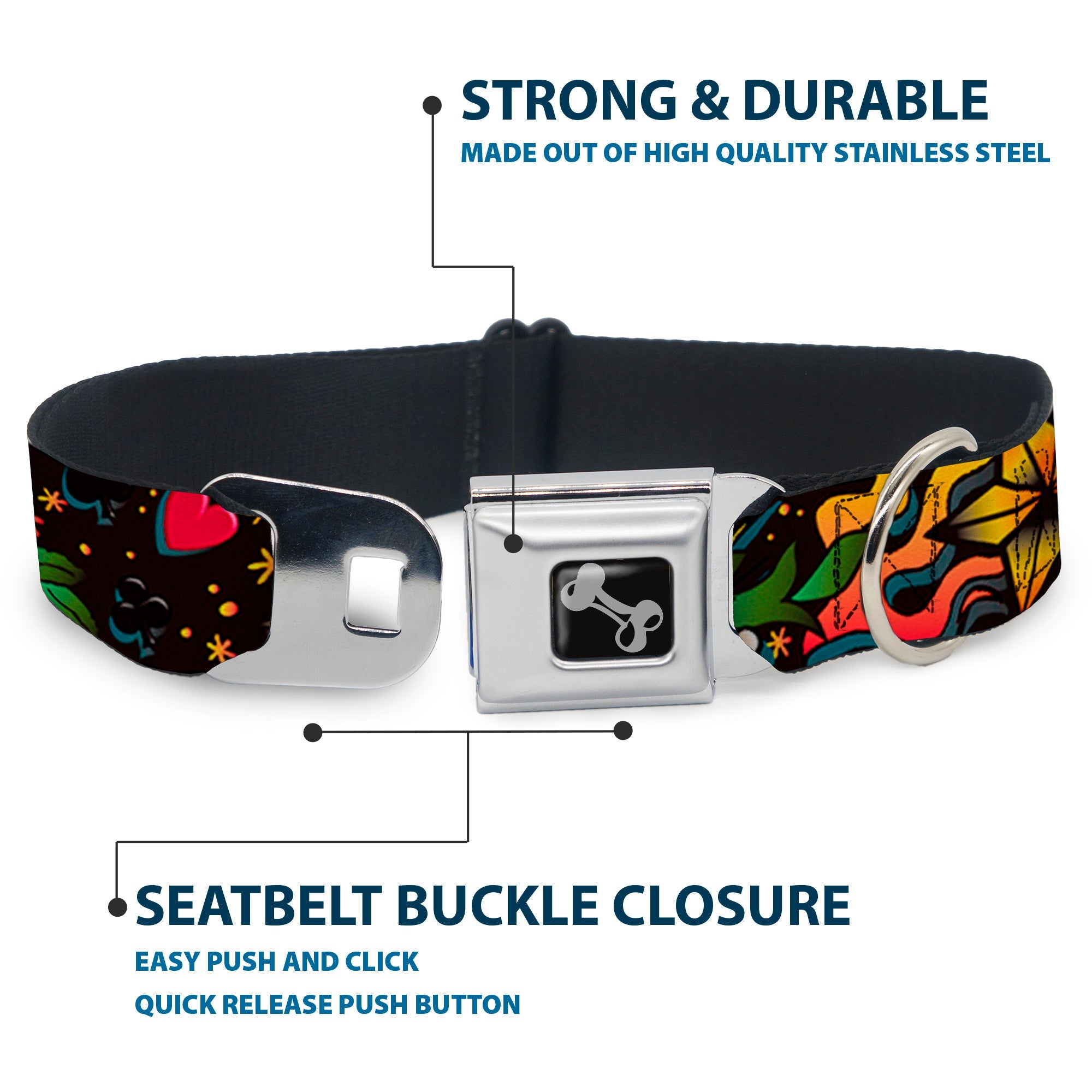 Dog Bone Seatbelt Buckle Collar - Death or Glory CLOSE-UP Black
