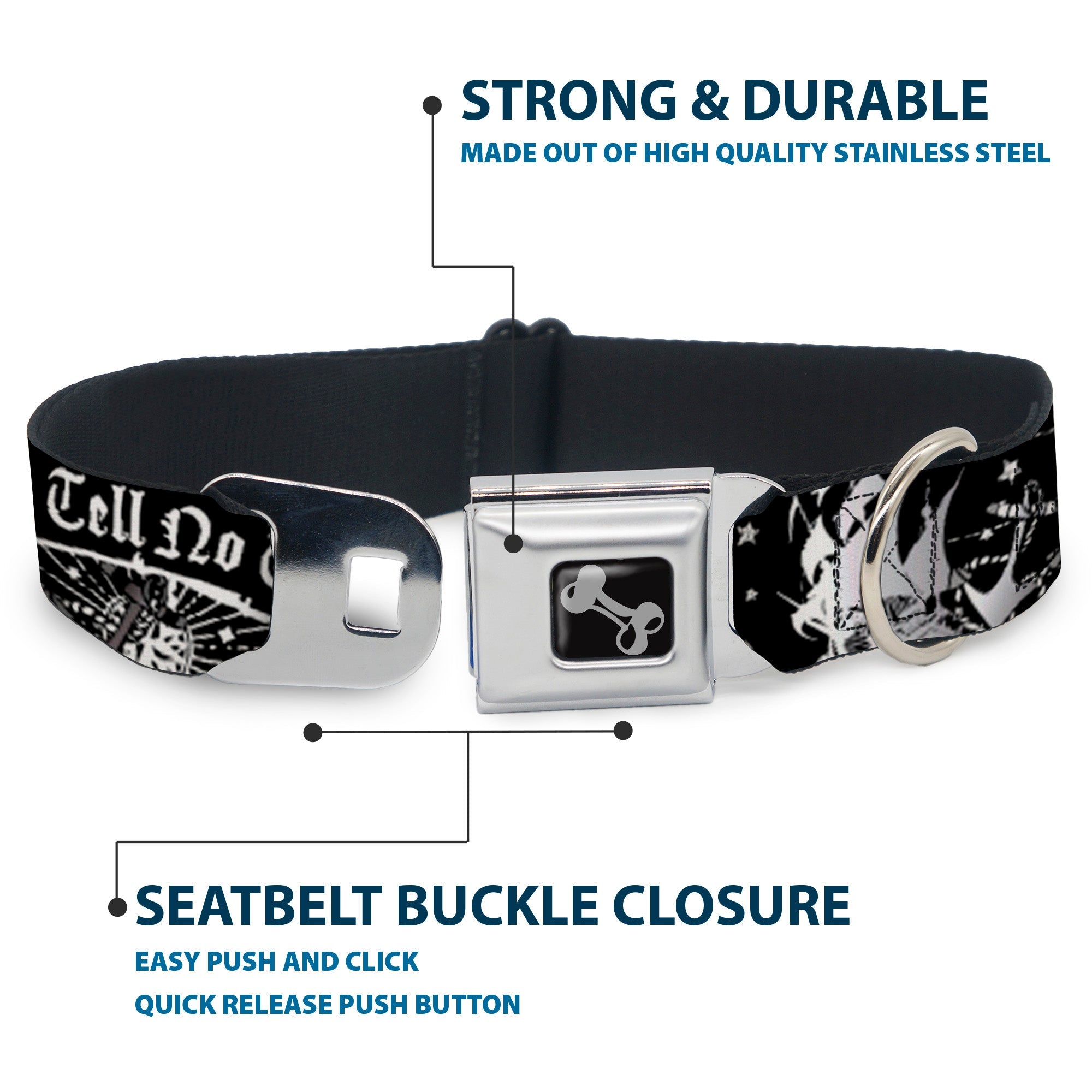 Dog Bone Seatbelt Buckle Collar - Dead Men Tell No Tales Black/White