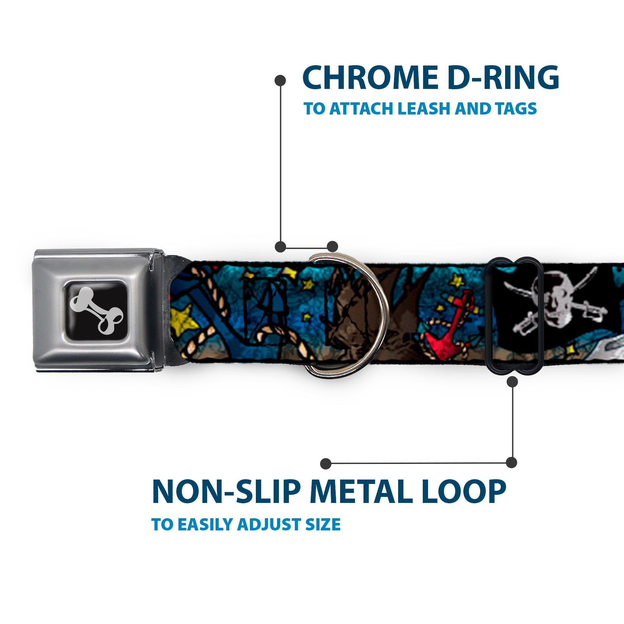 Dog Bone Seatbelt Buckle Collar - Dead Men Tell No Tales CLOSE-UP Turquoise