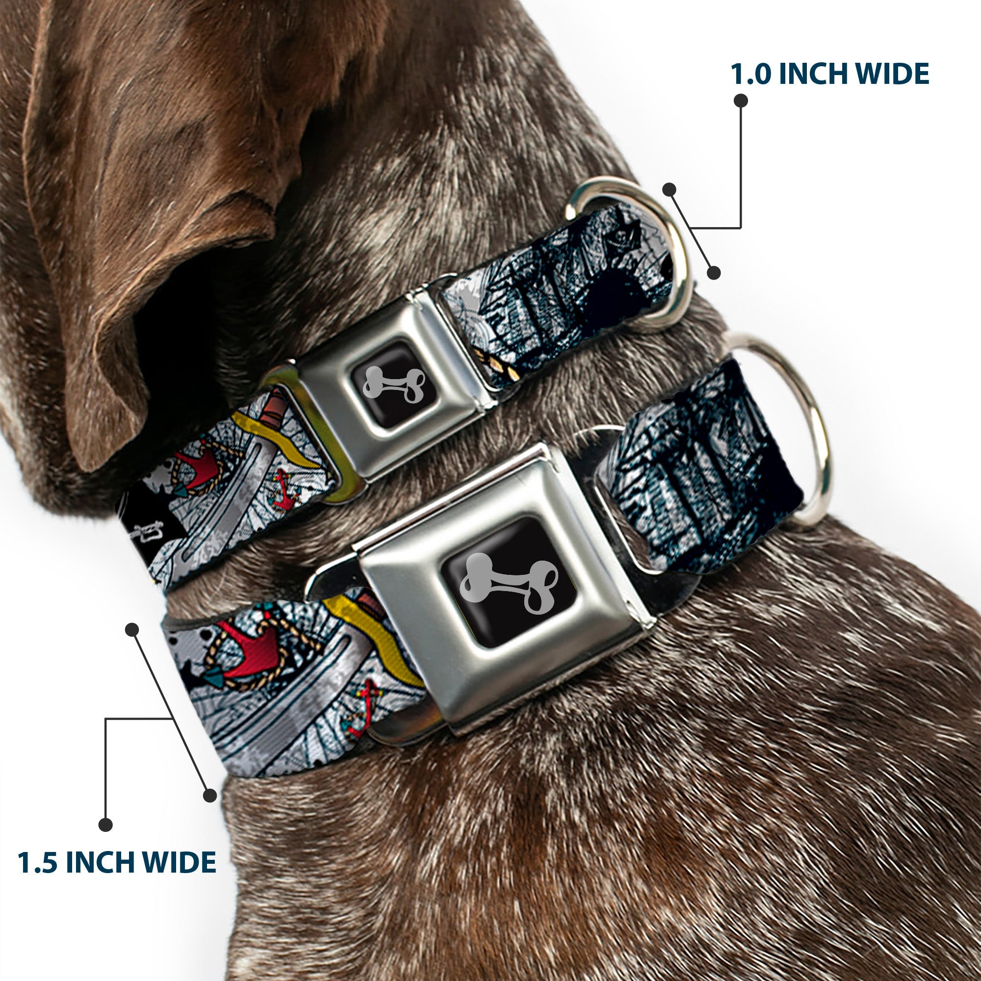 Dog Bone Seatbelt Buckle Collar - Dead Men Tell No Tales CLOSE-UP White