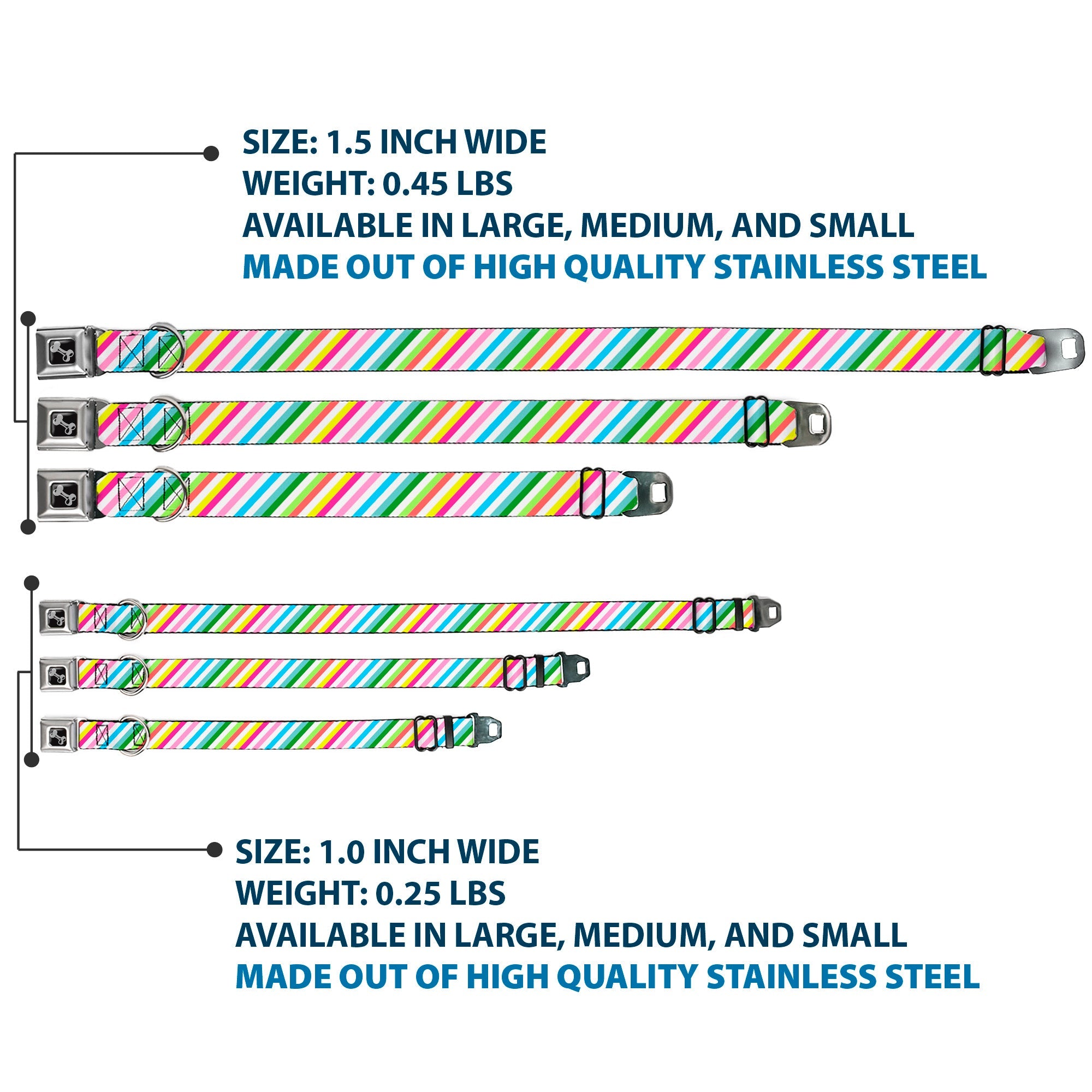 Southlake Paws Dog Bone Seatbelt Buckle Collar features diagonal stripes in white and multi-color, available in various sizes