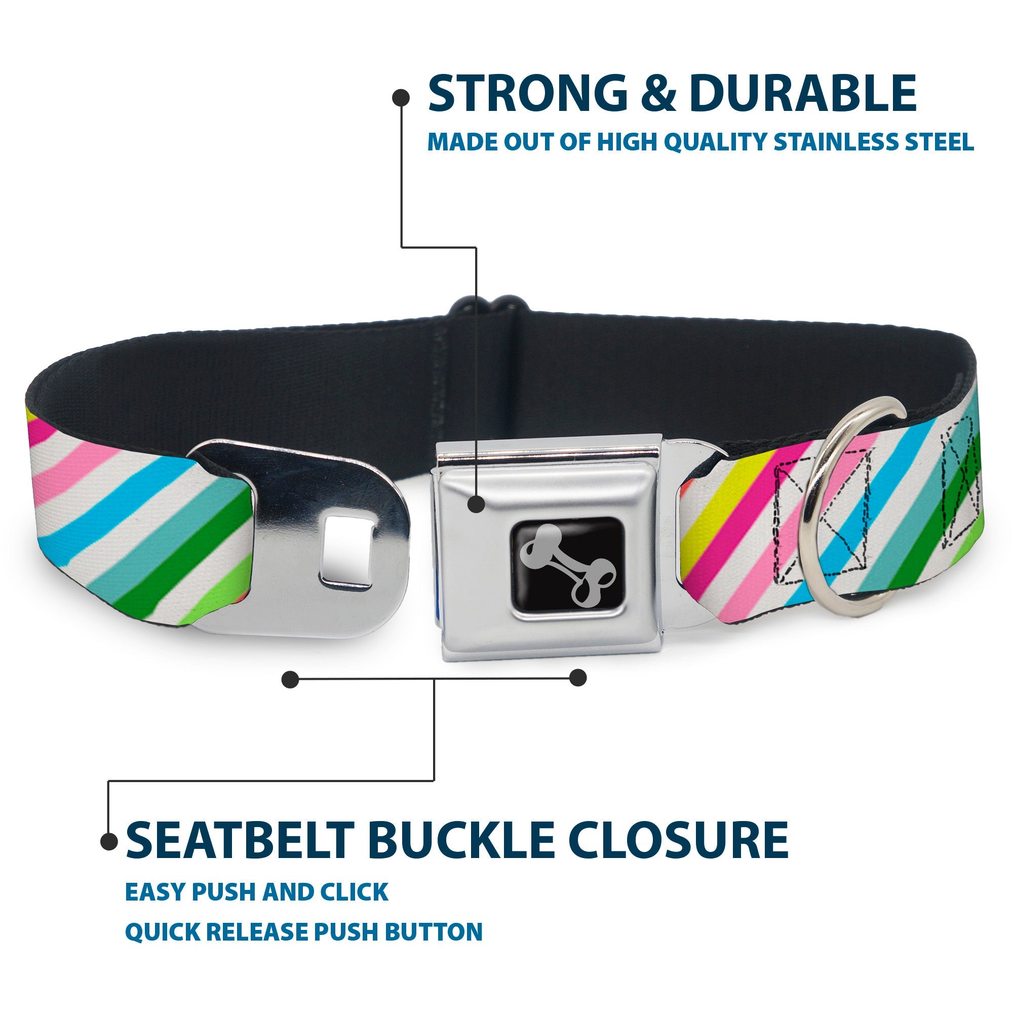 Southlake Paws Dog Bone Seatbelt Buckle Collar features diagonal stripes in white and multi-color, with a stainless steel buc