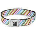 Load image into Gallery viewer, Southlake Paws Dog Bone Seatbelt Buckle Collar features diagonal stripes in white and multiple colors, with a silver buckle.
