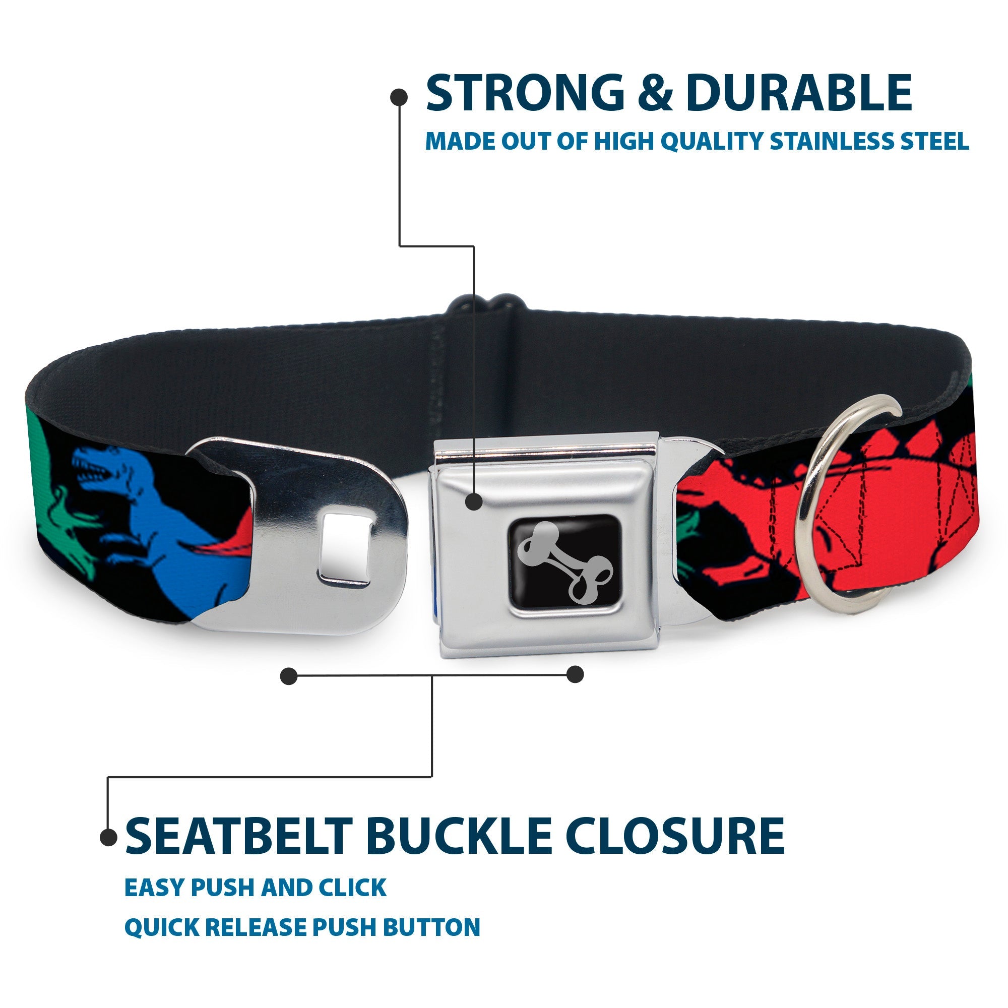Dog Bone Seatbelt Buckle Collar - Dinosaurs Black/Multi Color