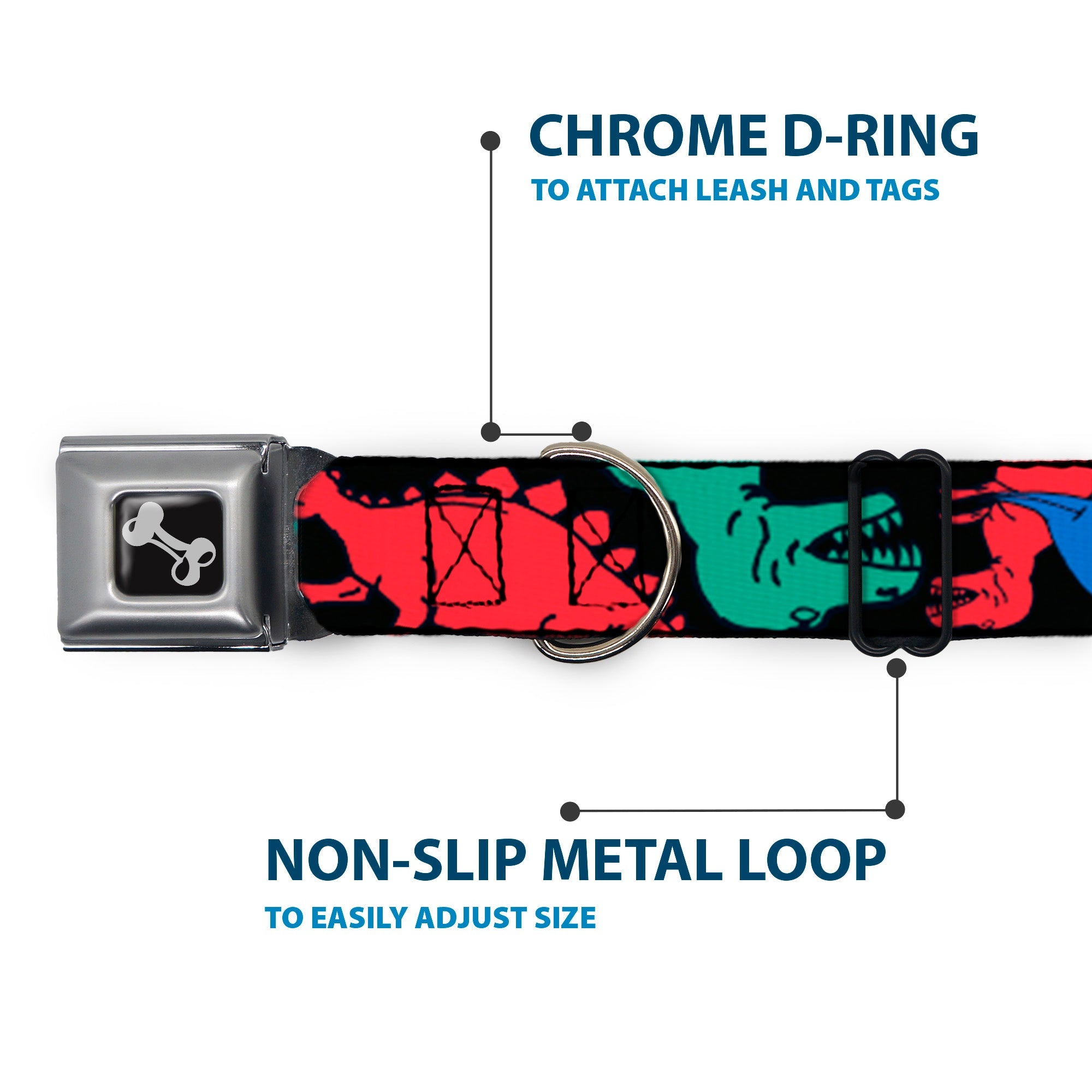 Dog Bone Seatbelt Buckle Collar - Dinosaurs Black/Multi Color