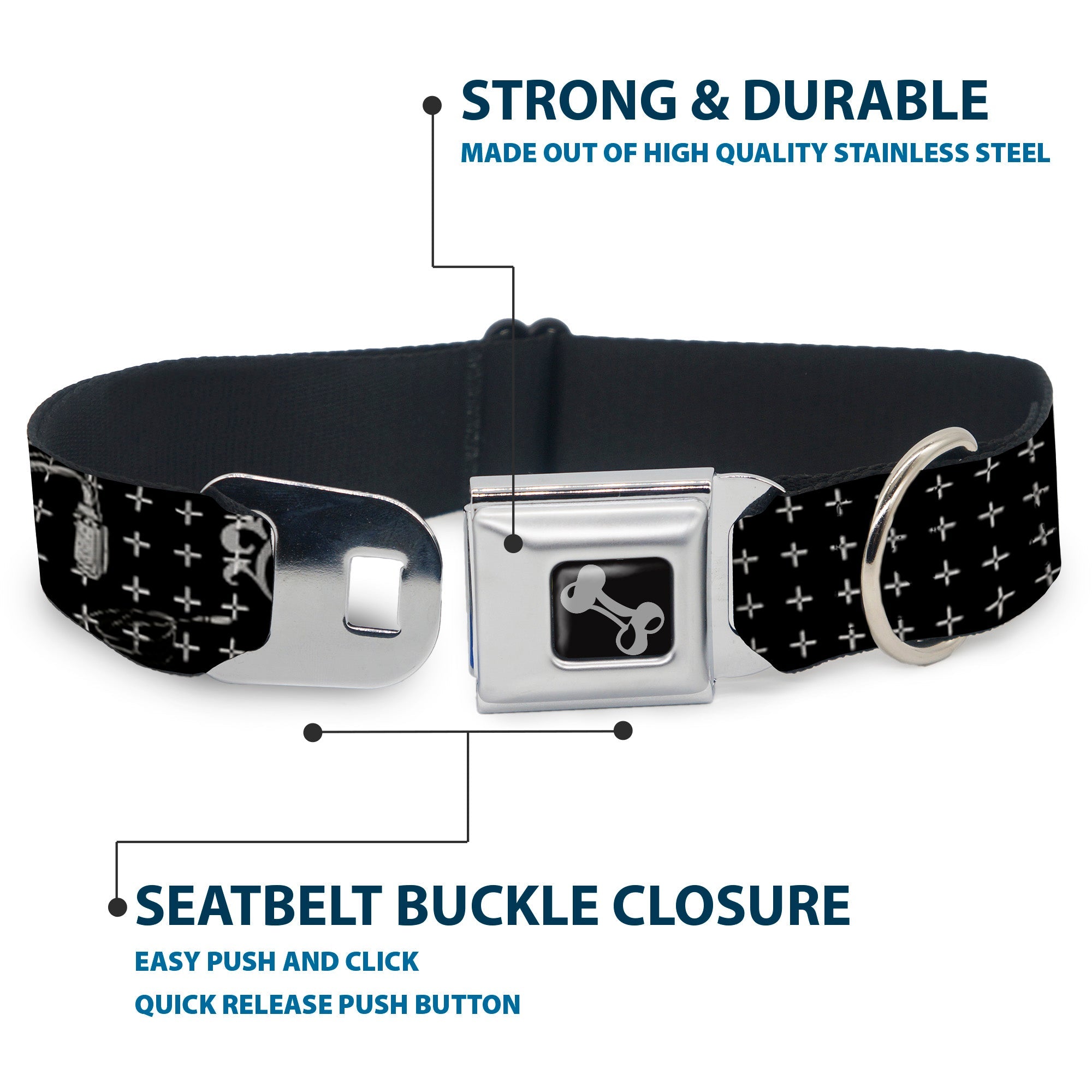 Dog Bone Seatbelt Buckle Collar - DJ Skulls Black/Gray