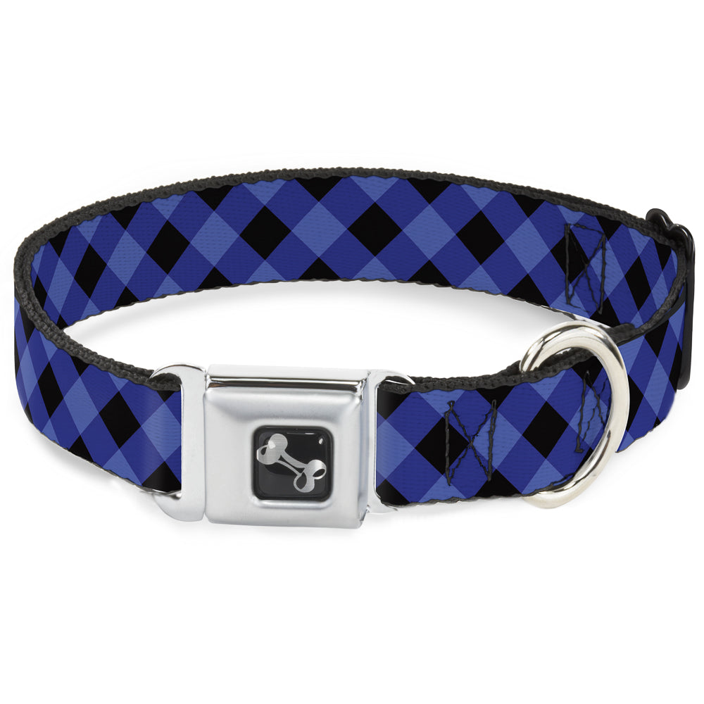 Dog Bone Seatbelt Buckle Collar - Diagonal Buffalo Plaid Black/Blue