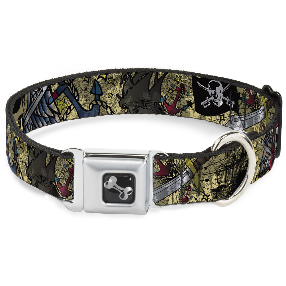Dog Bone Seatbelt Buckle Collar - Dead Men Tell No Tales CLOSE-UP Tan