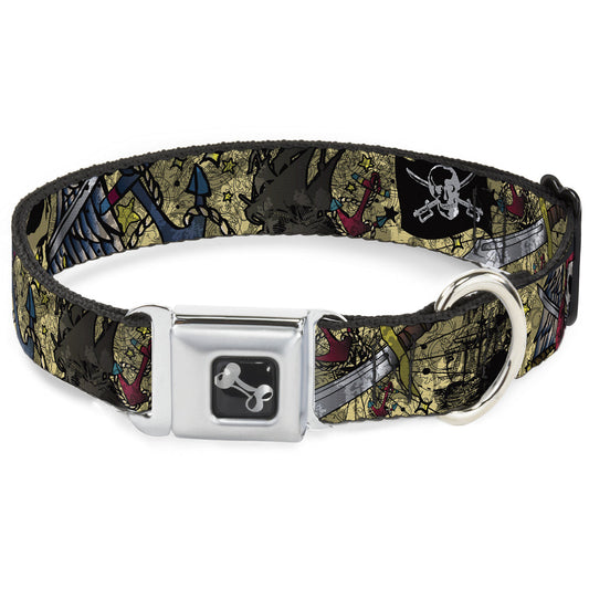 Dog Bone Seatbelt Buckle Collar - Dead Men Tell No Tales CLOSE-UP Tan