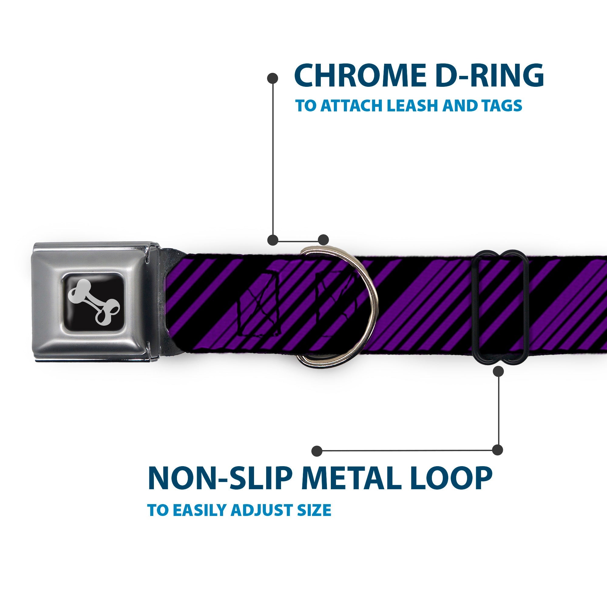 Dog Bone Seatbelt Buckle Collar - Diagonal Stripes Black/Purple