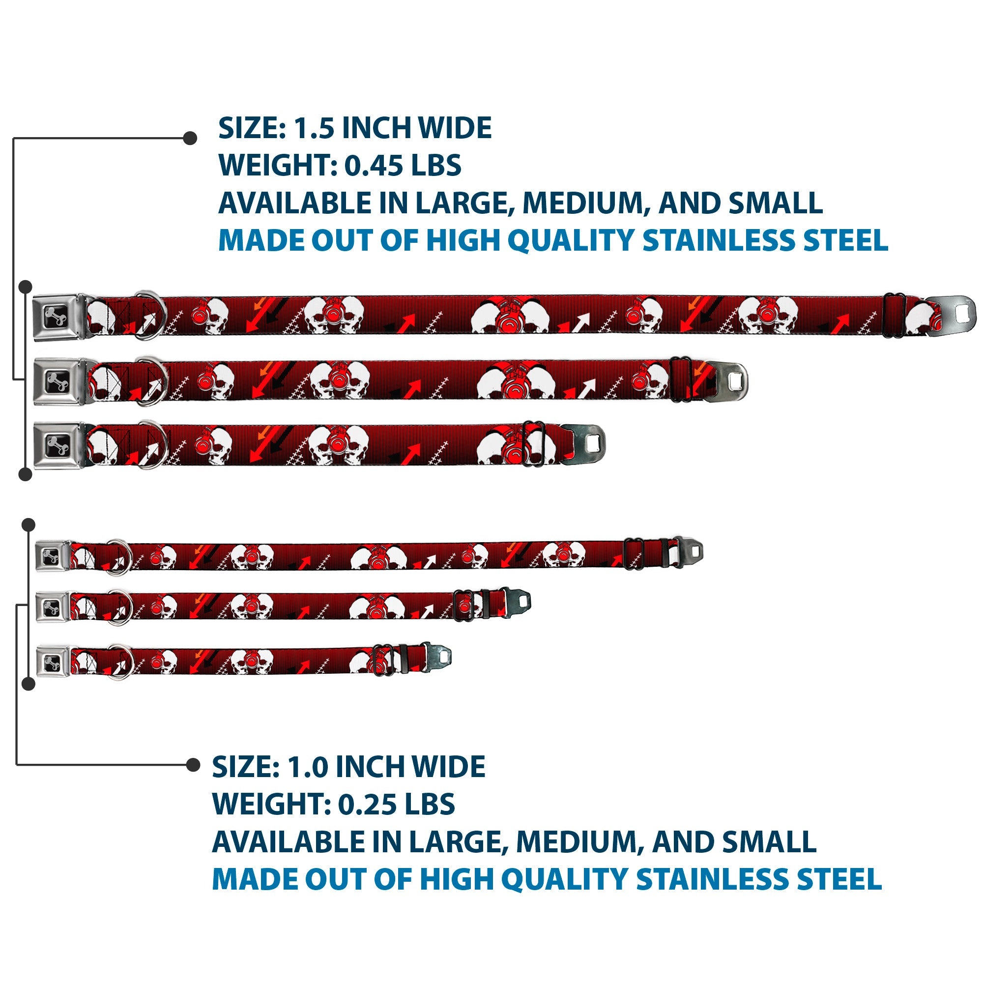 Dog Bone Seatbelt Buckle Collar - DJ Skulls Up/Down Black/Red